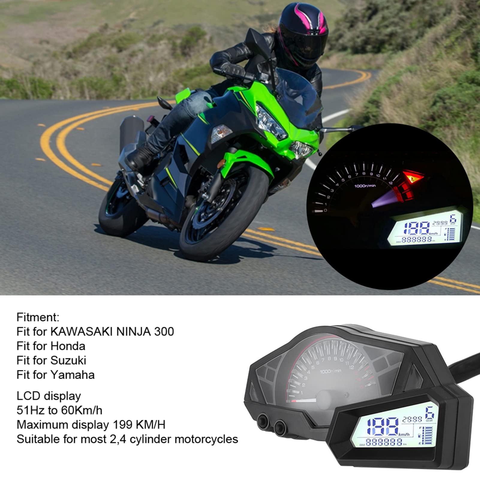 Kawasaki Ninja 300 LCD Speedometer - 15000RPM Tachometer & Fuel Gauge for Motorcycle Racing