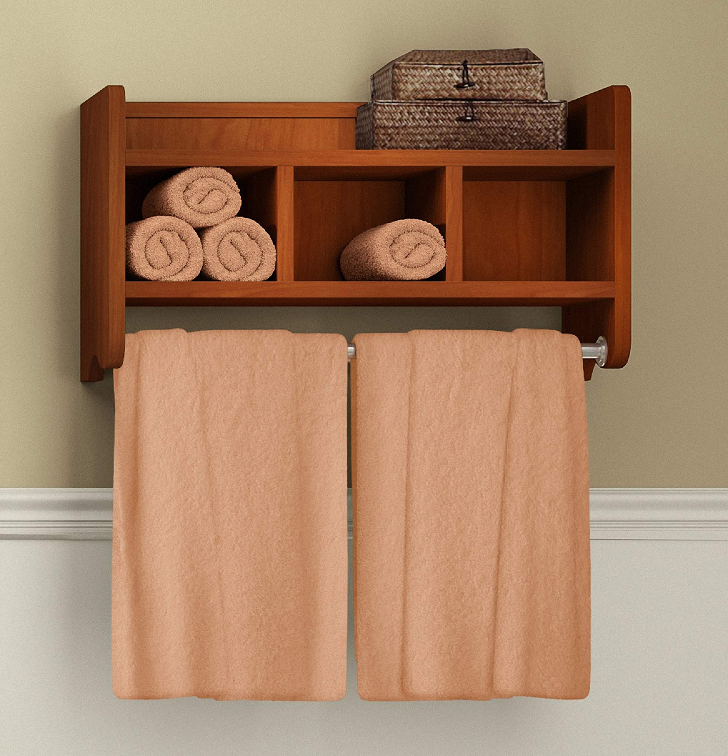 25-Inch Bathroom Storage Shelf with Dual Towel Rods - Wall Mounted Organizer with 3 Cubbies & Top Shelf, Easy Installation, Chestnut Finish - Perfect for Bathroom, Mudroom & Laundry Room Organization