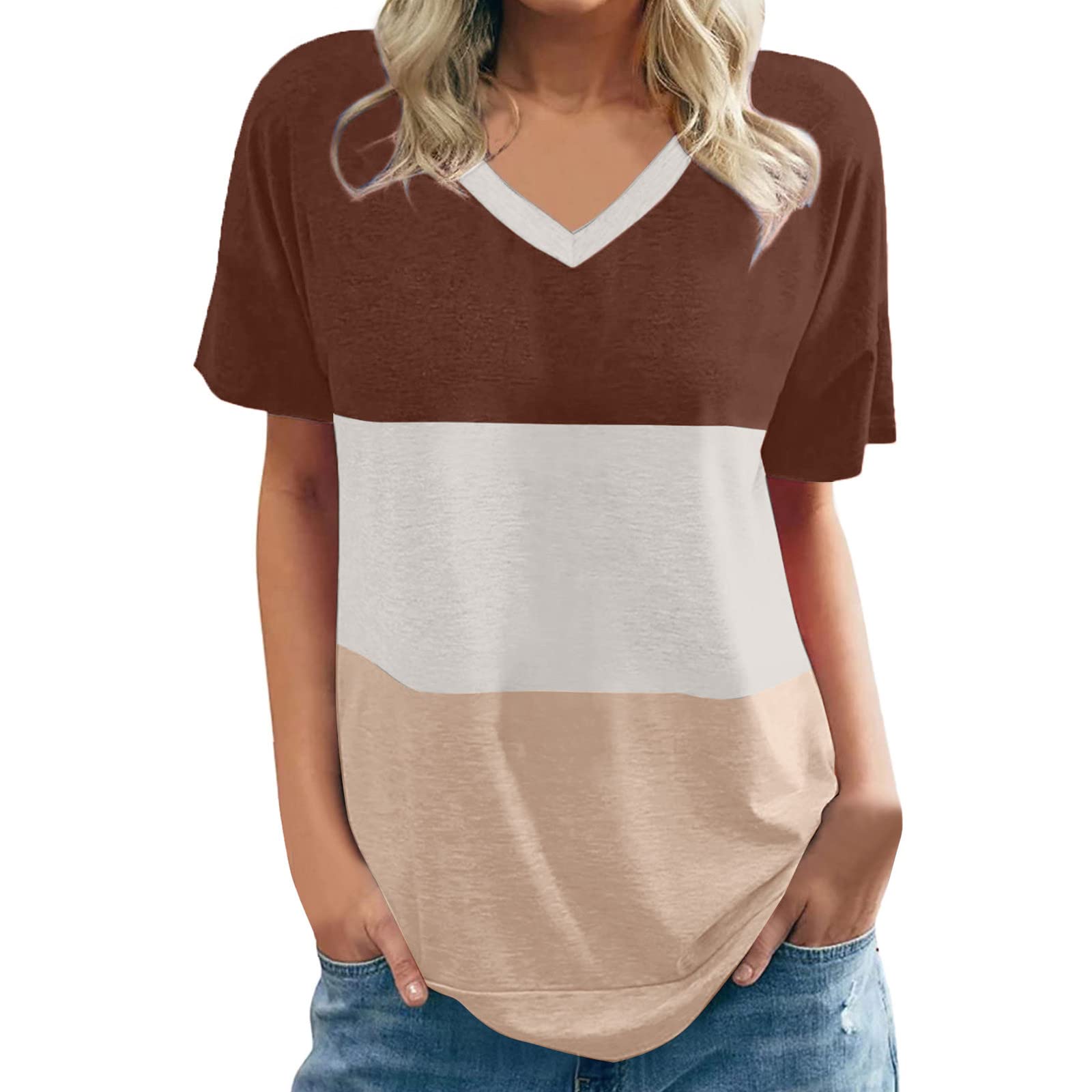 Women's Summer V-Neck Patchwork Print Short Sleeve T-Shirts - 5 Pack Fashion Running Tops for Casual Wear, Gym & Outdoor Activities