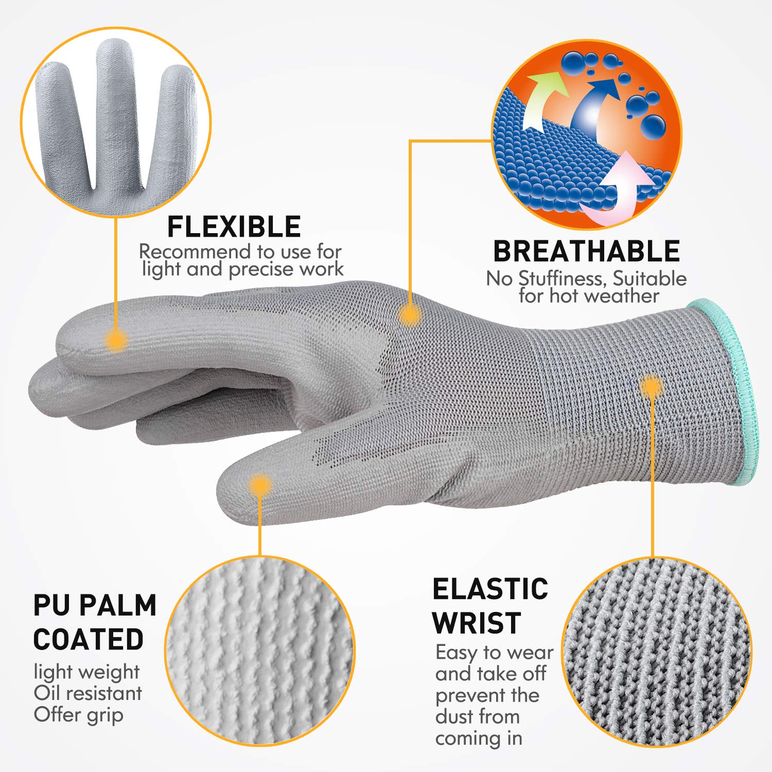 Ultra-Thin Polyurethane (PU) Coated Safety Work Gloves - 12 Pairs for Men & Women - Durable & Flexible for Precision Work & Light Duty Tasks - Ideal for Mechanics, Assembly, Gardening & Warehouse Work (Grey, Large)