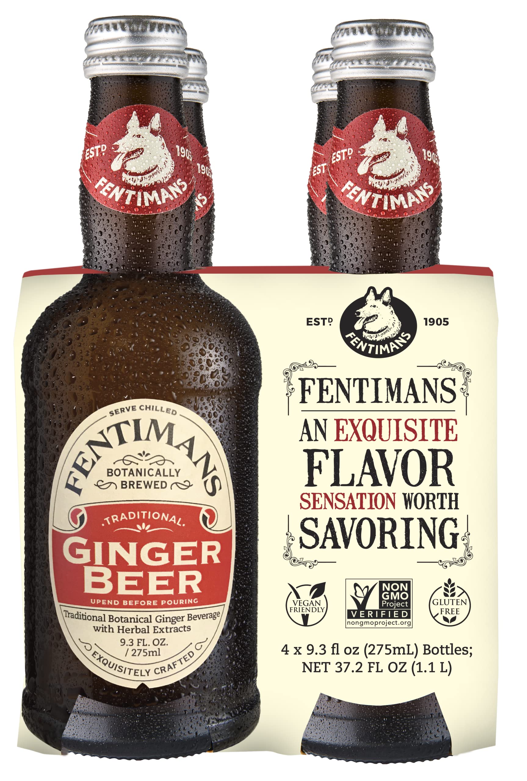 Fentimans Sparkling Ginger Beer - Premium Non-Alcoholic Craft Soda with Herbal Extracts & Natural Ingredients, Botanically Brewed - 9.3 Fl Oz (Pack of 4) - Perfect for Parties, Mocktails & Refreshing Summer Drinks