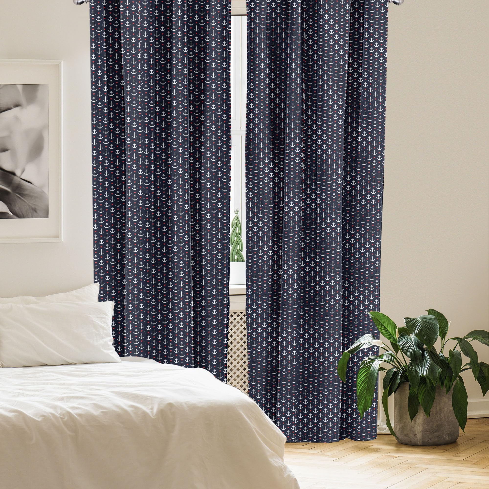 Ambesonne Nautical Anchor Window Curtains - Black White Red Striped Design with Small Anchors & Hearts, Lightweight Rod Pocket Drapes 28