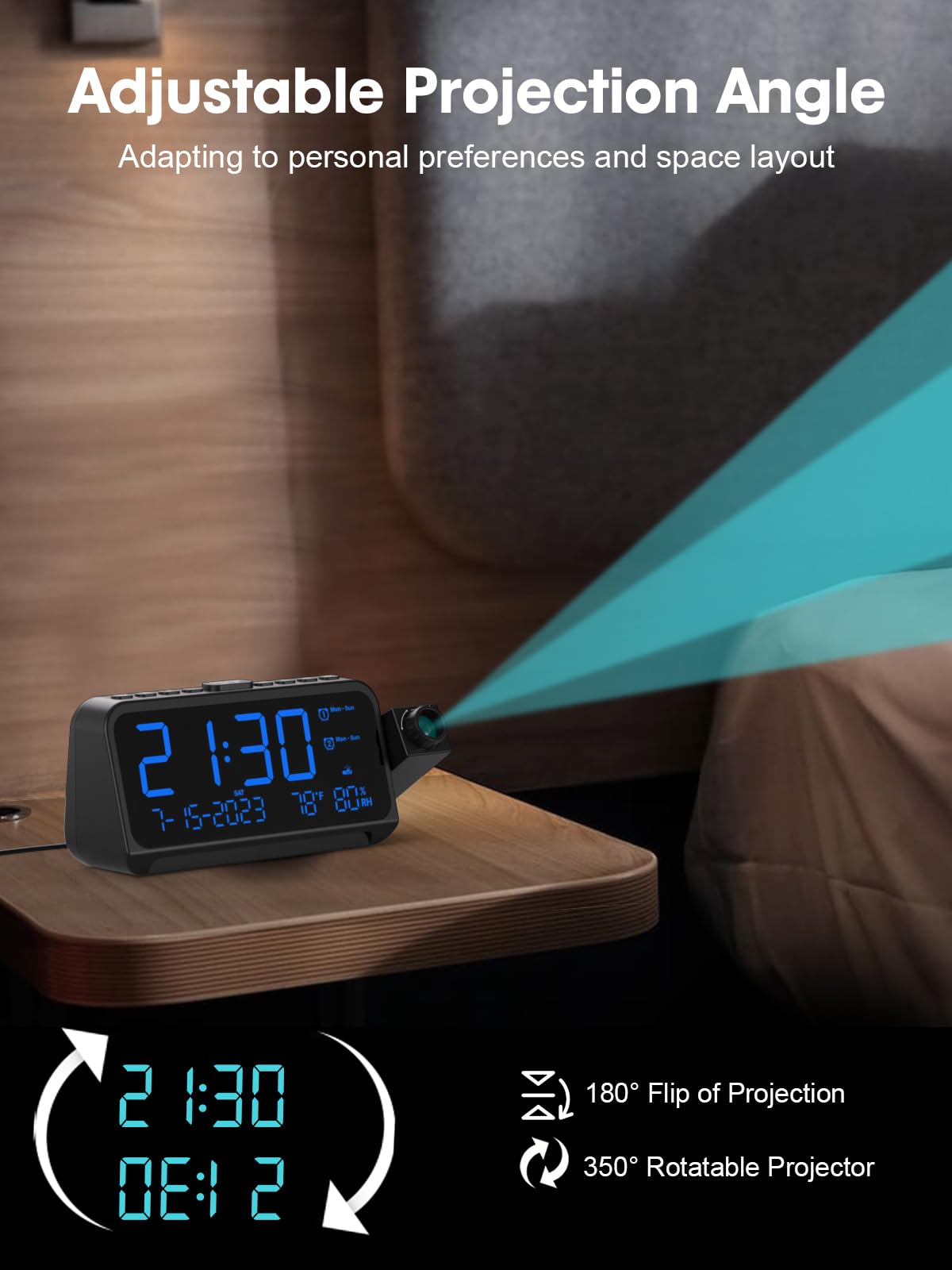 ROCAM Digital Projection Alarm Clock with Ceiling/Wall Display - 5-Level Dimmer, Dual Alarm (Weekday/Weekend Mode), Snooze, Temperature Display & USB Charging Ports | Perfect for Bedrooms, Home Offices & Nightstands