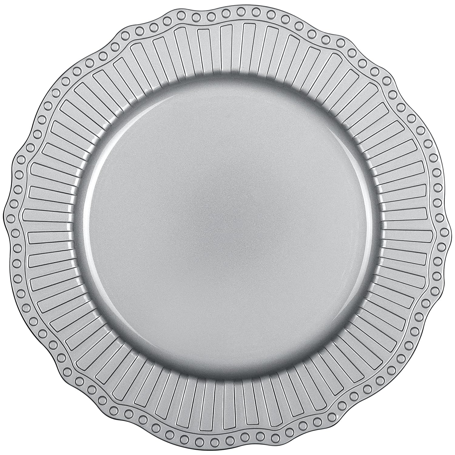 13” Silver Vintage Plastic Charger Plates Set - Elegant Reusable Dinnerware for Parties, Weddings & Events (6-Piece Set) - Perfect for Formal Dining, Buffet Serving & Holiday Tablescapes