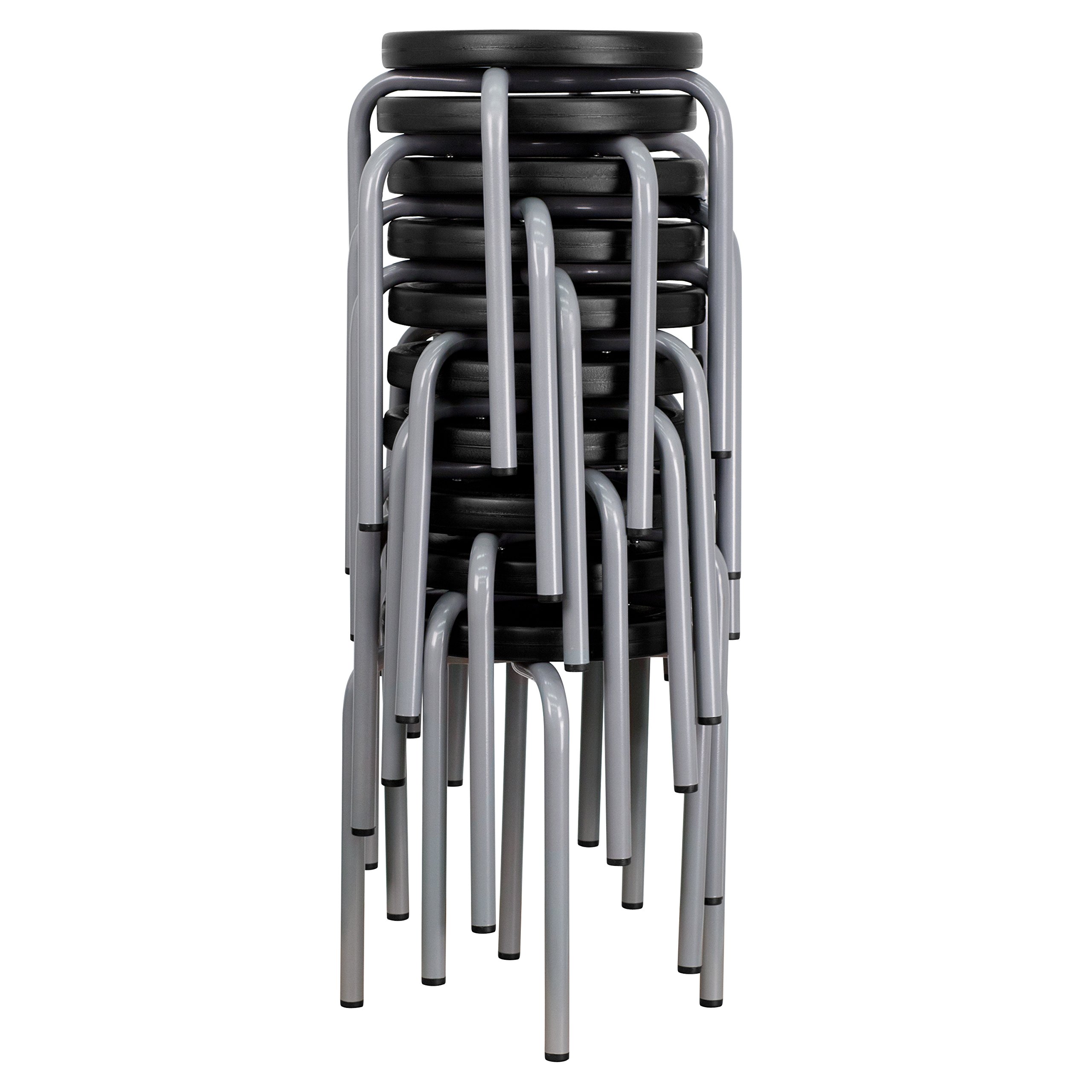 Stackable Stool with Black Seat & Silver Powder Coated Frame - Durable Metal Bar Stool for Kitchen, Dining Room, or Outdoor Patio Use