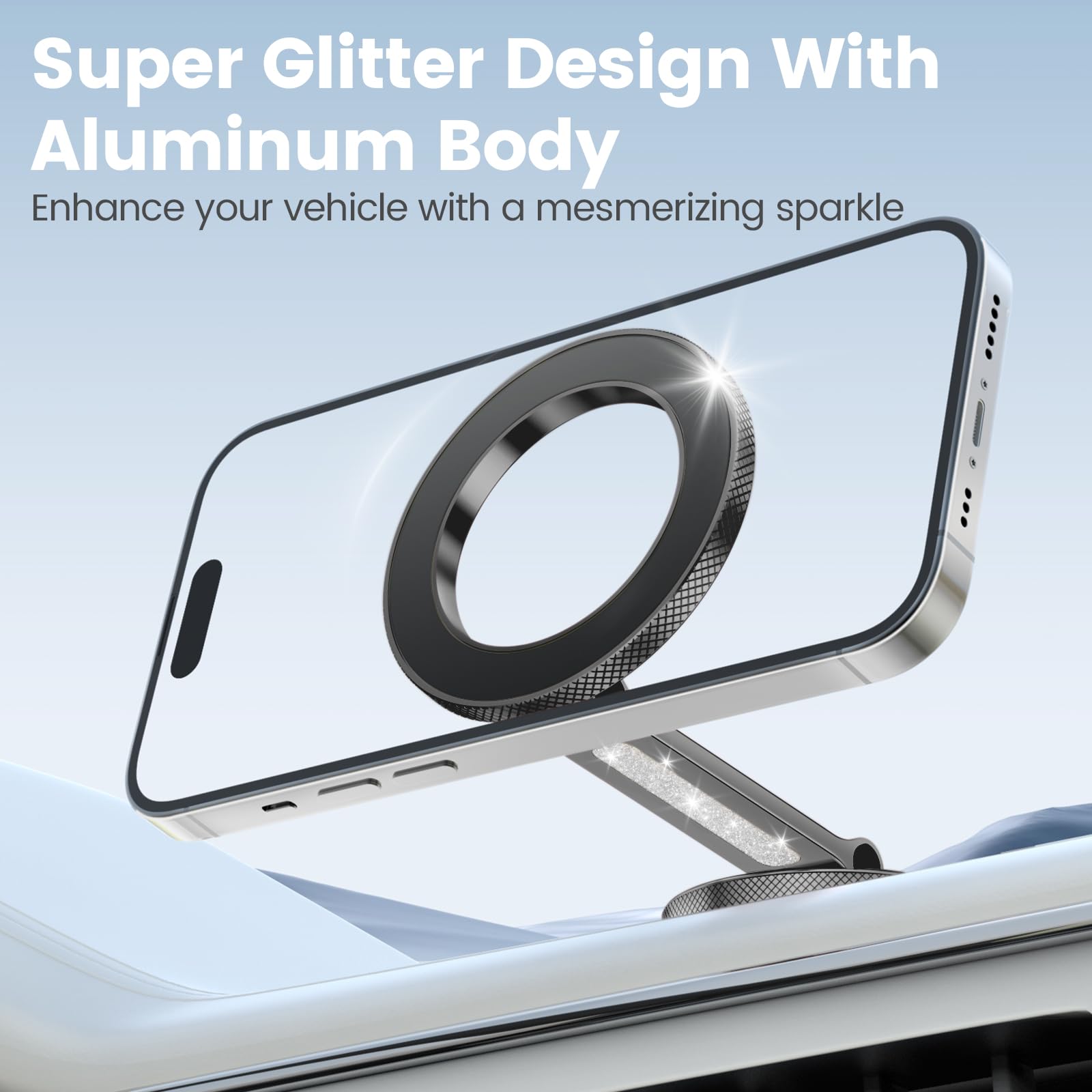 Premium MagSafe Car Mount - Strong Magnetic Phone Holder for Dashboard & Tesla Screen | Aluminum Alloy Design (Glitter Black) | Perfect for Hands-Free Driving & GPS Navigation
