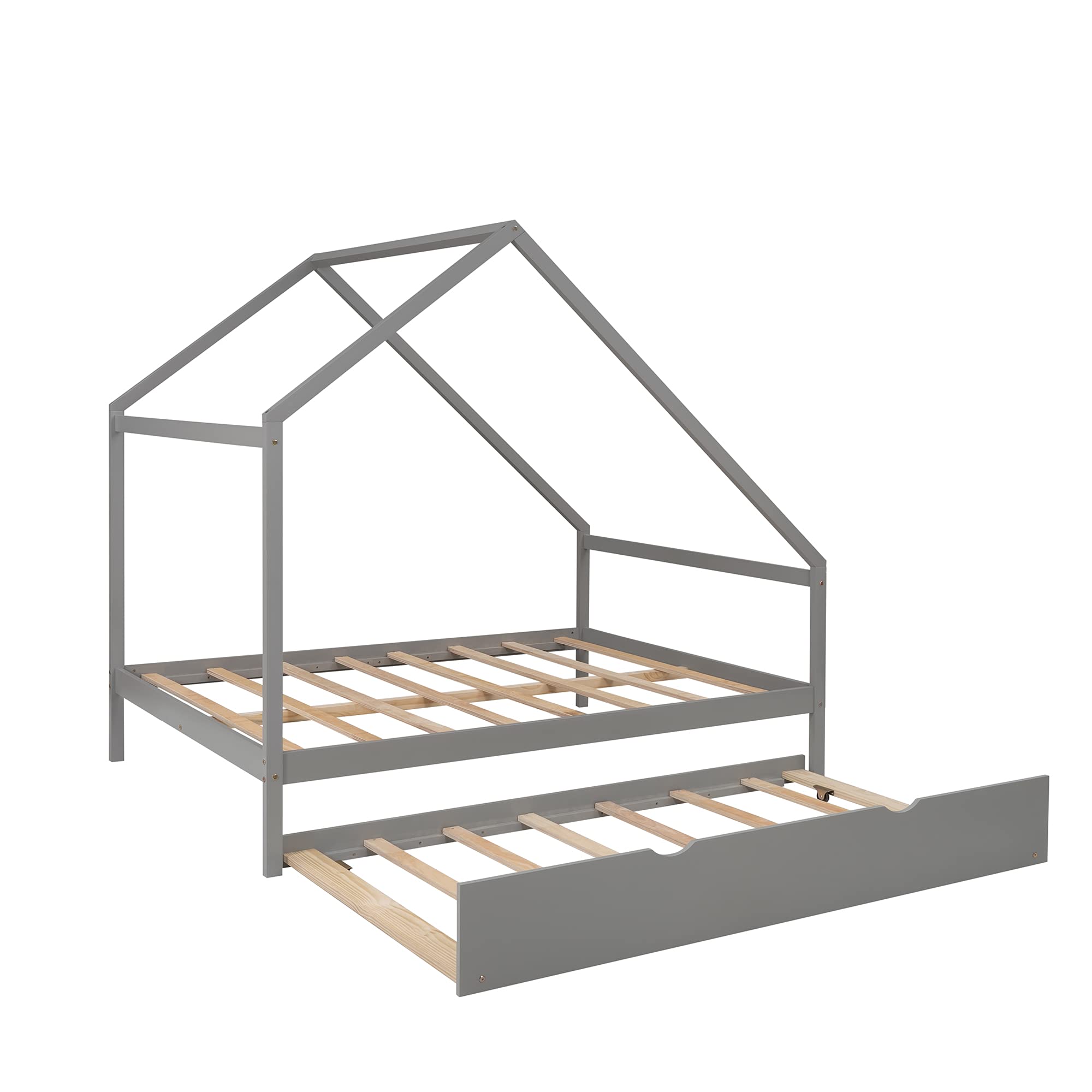 **Full Size Wooden House Bed with Twin Trundle - Solid Wood Platform Bed Frame with Roof for Kids, Teens & Toddlers - Gray - Perfect for Nursery, Playroom & Kids' Bedroom Decor**