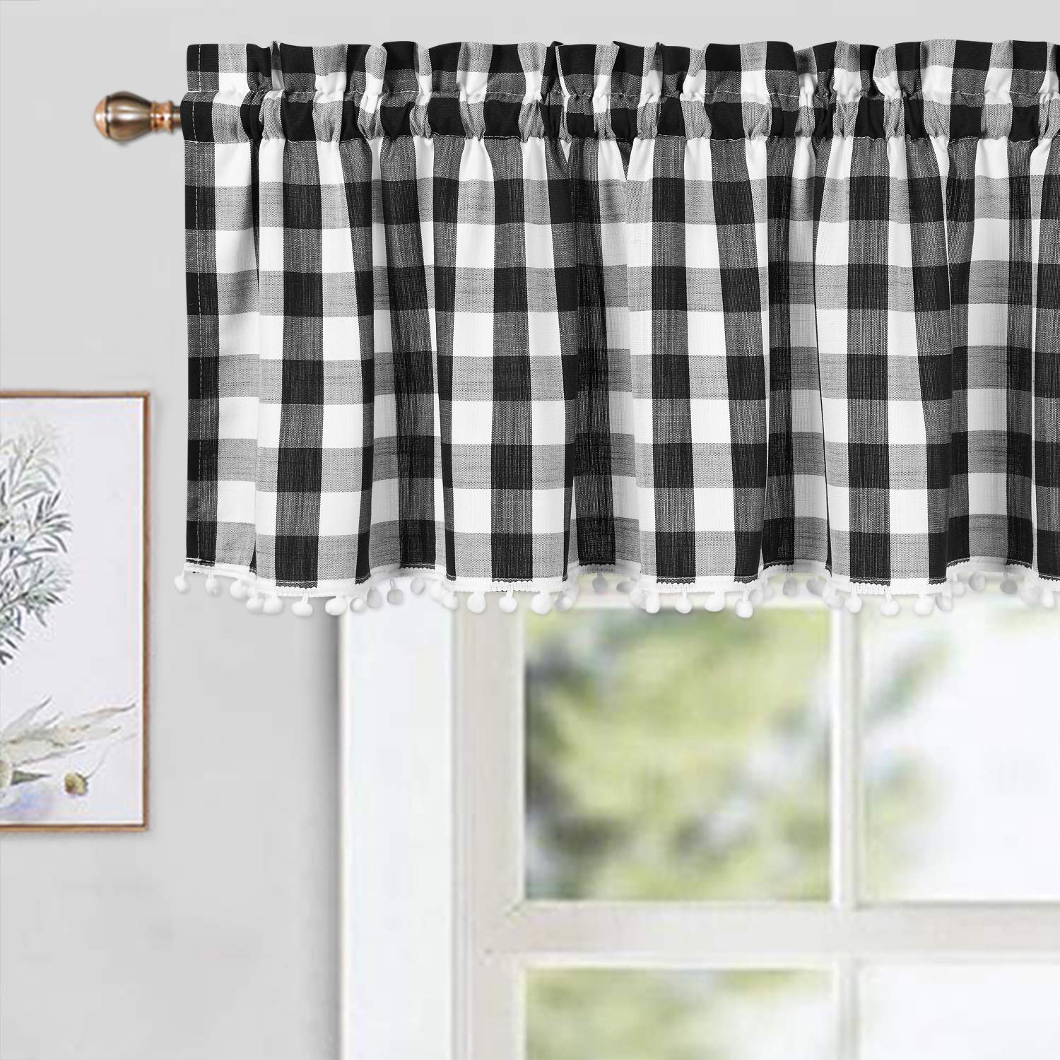 CAROMIO Buffalo Check Plaid Gingham Valance Curtains 52x15 Inches - Farmhouse Kitchen Window Treatment with Pom Pom Trim, Black & White Cafe Curtains for Rustic Home Decor (Perfect for Country Kitchens, Dining Rooms & Cozy Farmhouse Windows)