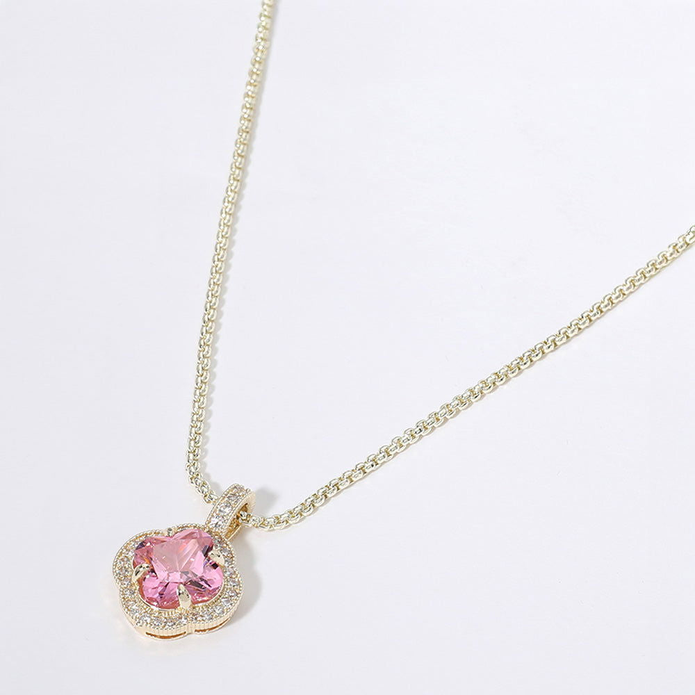 14K Gold Plated Quatrefoil Cubic Zirconia Pink Pendant Necklace for Women - Elegant Jewelry Gift for Valentine's Day, Anniversary & Special Occasions