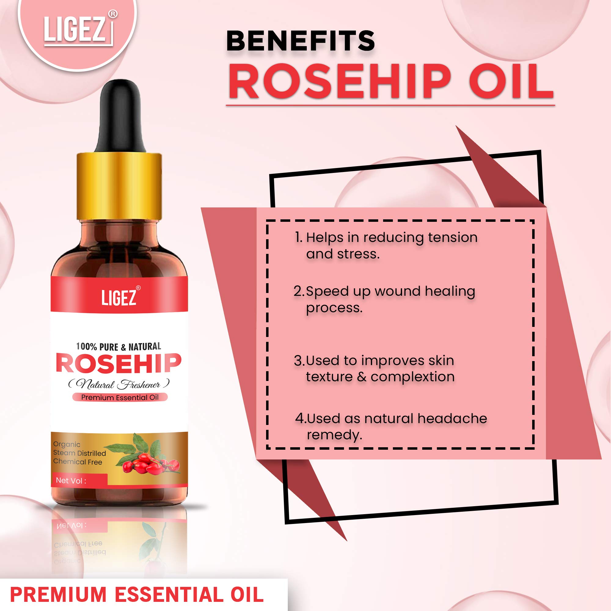Ligez Rosehip Seed Oil - 100% Pure Cold Pressed Carrier Oil for Skin Lightening, Stretch Marks, Acne Scars & Anti-Aging | Natural Face & Body Moisturizer | Perfect for Dry Skin, Wrinkles & Dark Spots (10ml) | Use for DIY Beauty, Massage & Aromatherapy