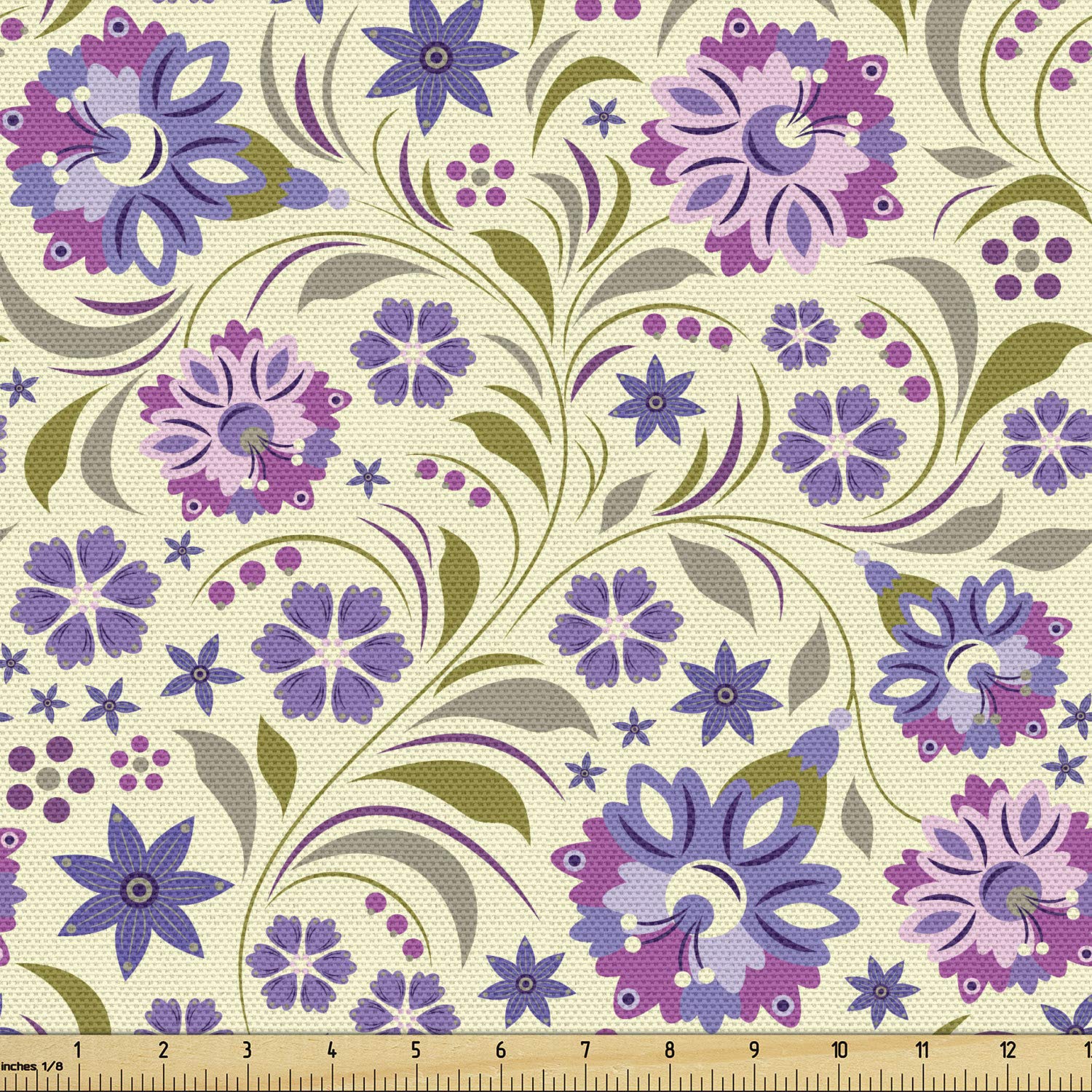 Ambesonne Garden Art Fabric by The Yard - Pale Toned Spring Flowers with Swirled Leaves on Lavender Purple & Pale Green Background | Decorative Upholstery Fabric for Sofa, Curtains, Pillows & Home Decor | Perfect for Living Room, Bedroom & DIY Craft Projects