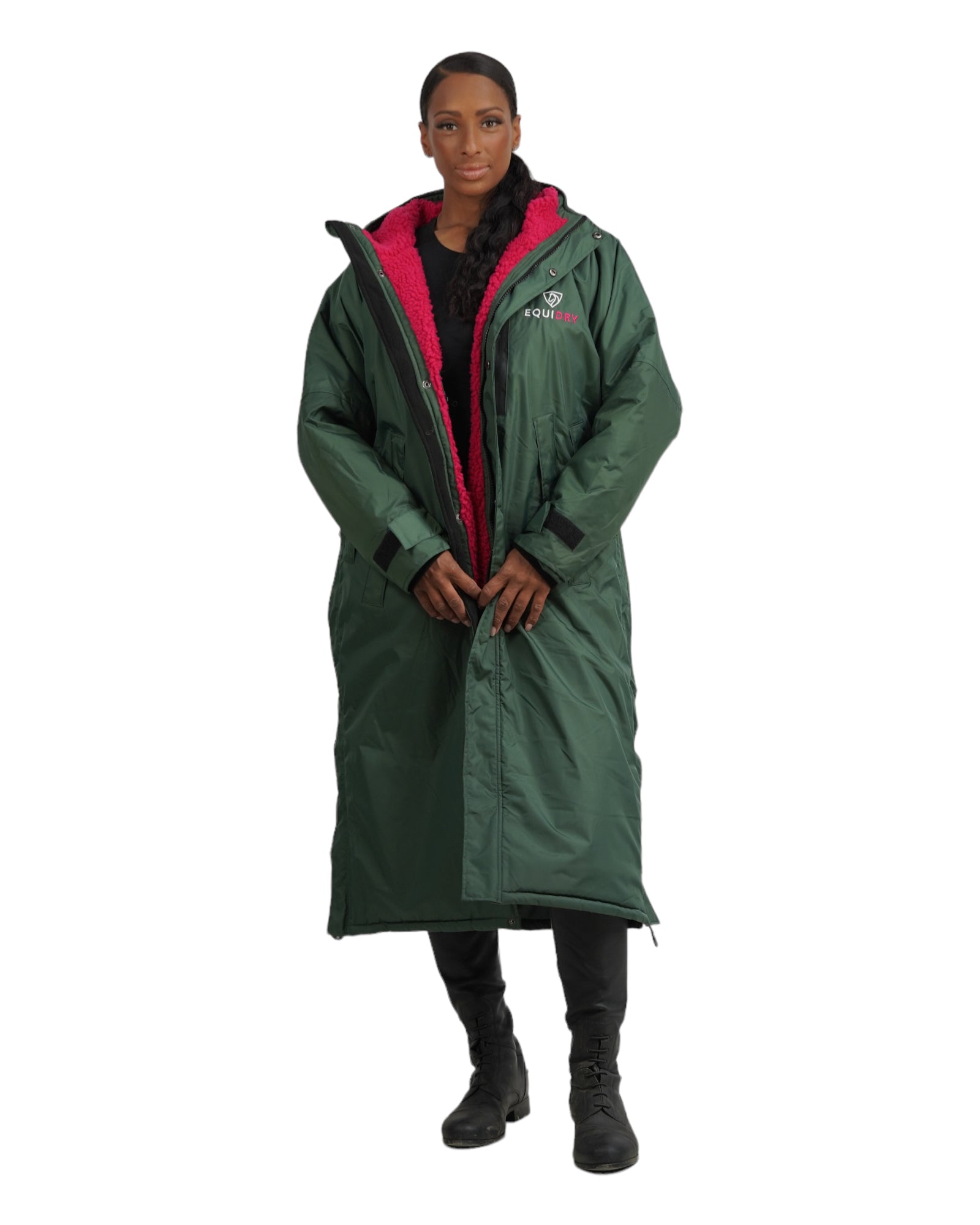 Evolution Women's Thick Fleece Hooded Jacket - Black Forest Green/Peacock Pink - Cozy Winter Outerwear for Hiking, Camping & Casual Wear