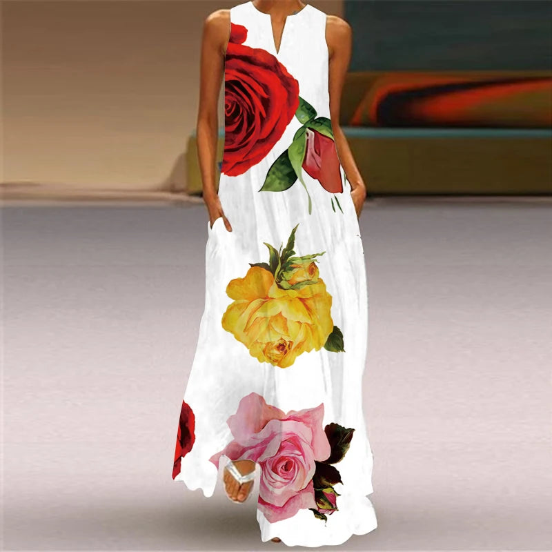 Stylish Women's Floral Print Hollow V-Neck Maxi Dress - Sleeveless Loose Fit Summer Beach Dress for Vacation, Seaside Outings & Boho Chic Occasions