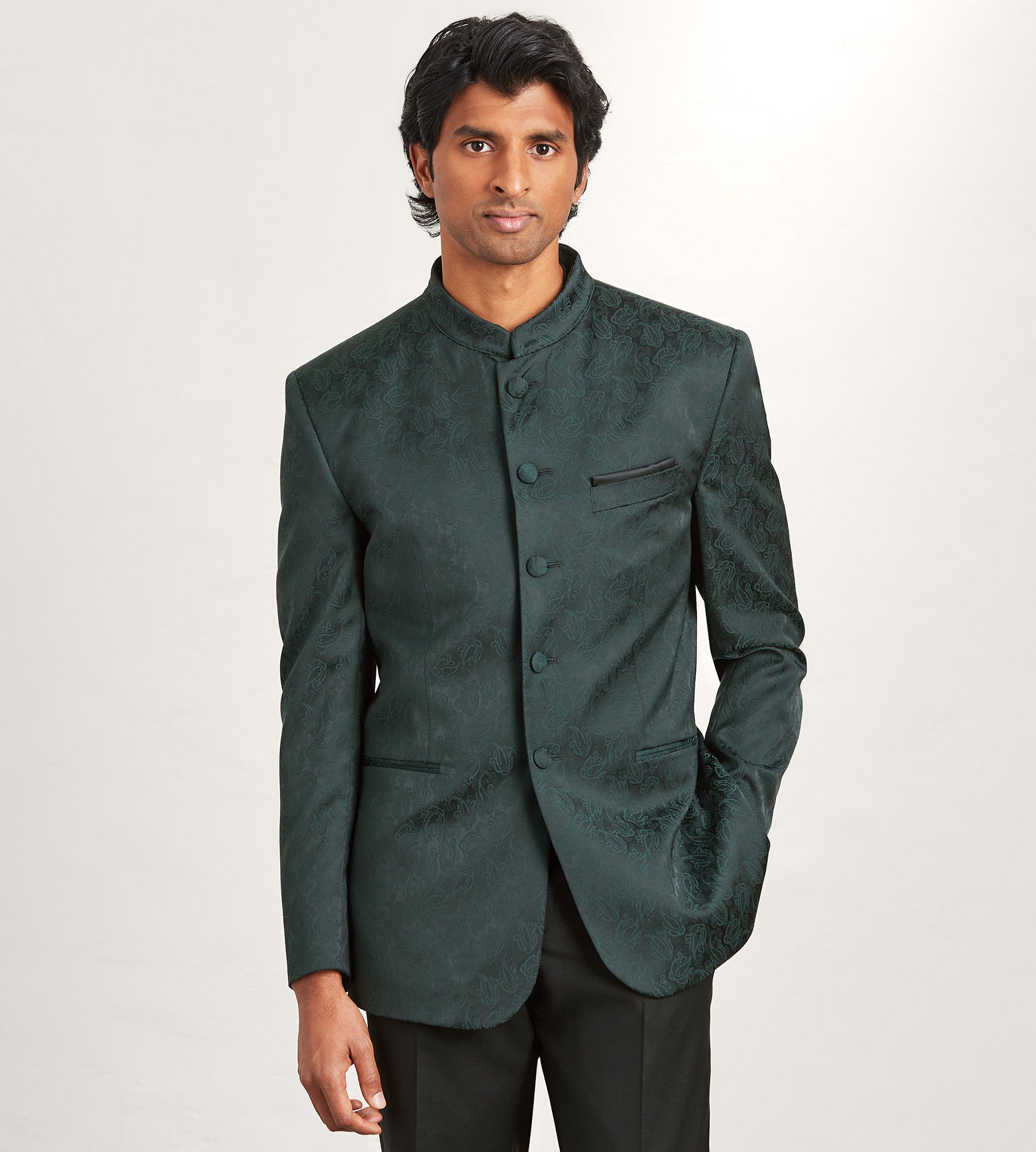 Modern Fit Forest Green Jacquard Nehru Suit Jacket for Men - Elegant Wedding & Formal Occasion Blazer - Premium Ethnic Menswear for Parties, Festivals & Special Events