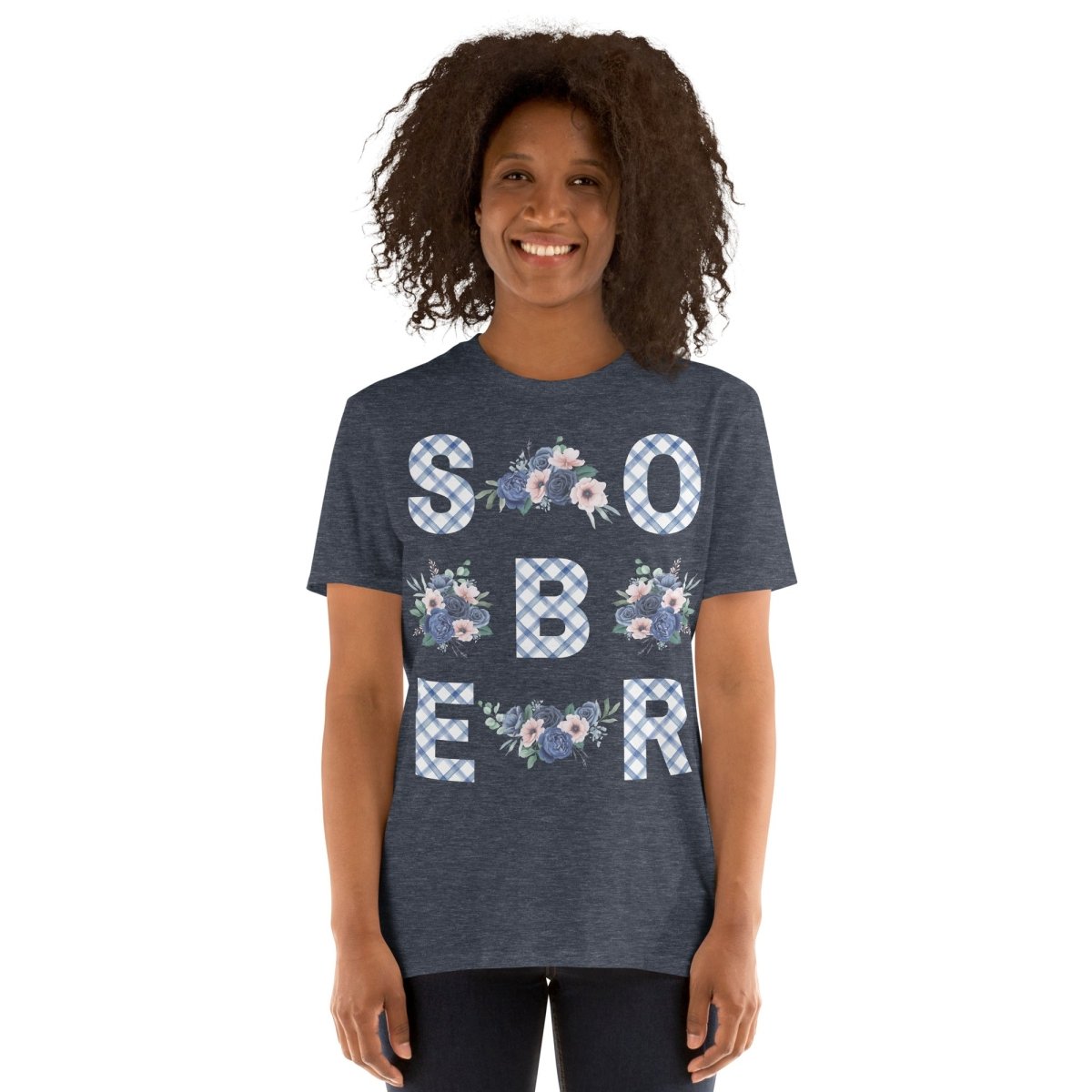 SOBER - Blue Gingham Floral Print Unisex Essential T-Shirt (Front Graphic) | Casual Everyday Wear, Street Style Outfit, Summer Fashion Basic Tee