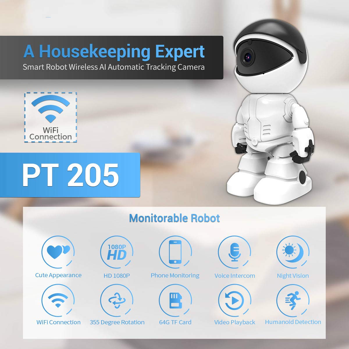 2MP 1080P HD WiFi Security Camera with 2.8mm Lens, 10M IR Night Vision, Motion Detection & Auto Tracking, Built-in Mic, AI Human Detection, PTZ IP Camera for Home/Office Surveillance - Indoor/Outdoor Use, Baby/Pet Monitoring, Business Security