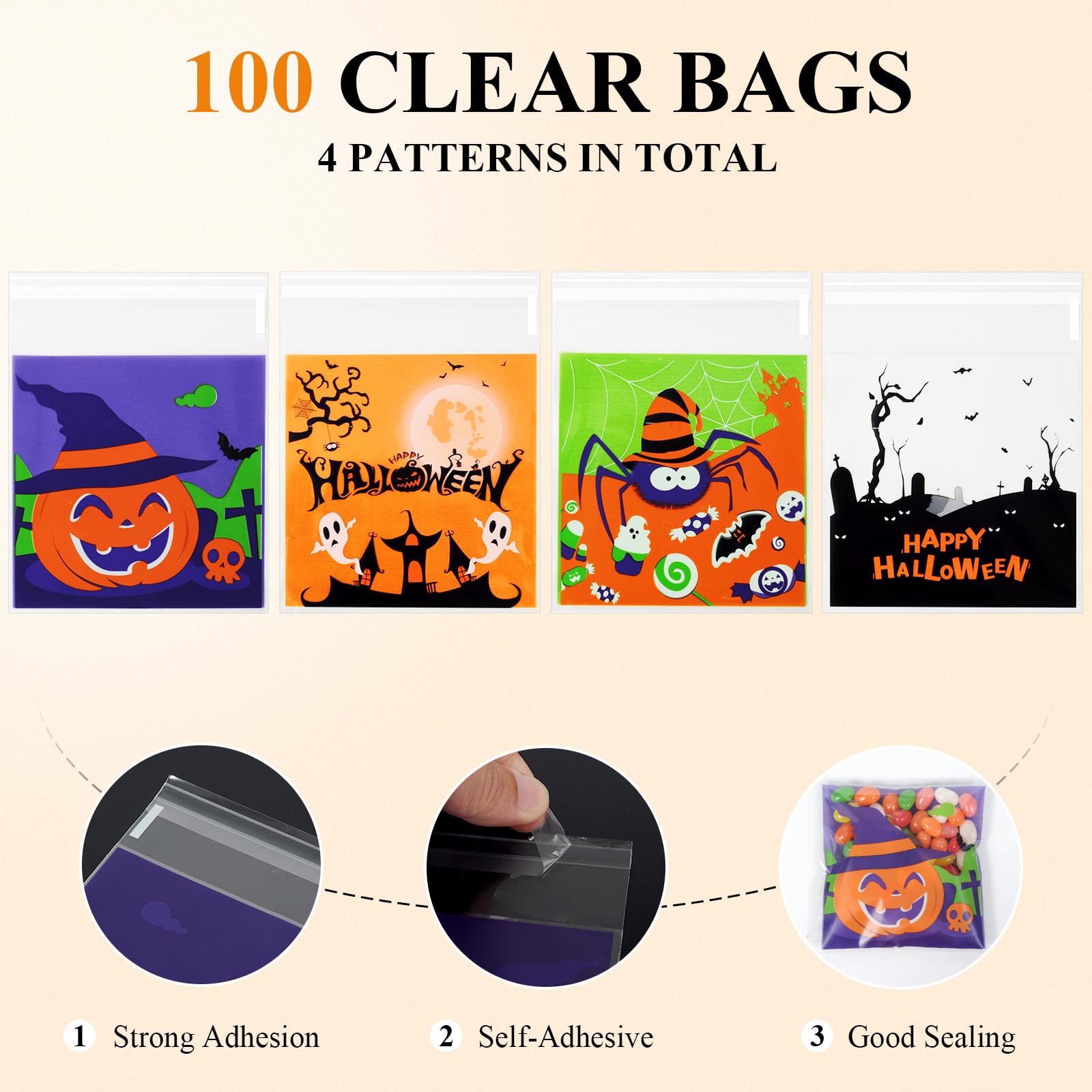 100 Pack 4'' Halloween Treat Bags - Self-Adhesive Small Candy Snake Goodie Bags for Halloween Party Favors, Trick or Treat, Candy & Cookie Packaging - Perfect for Classroom Treats, Halloween Party Decorations & Gift Giving