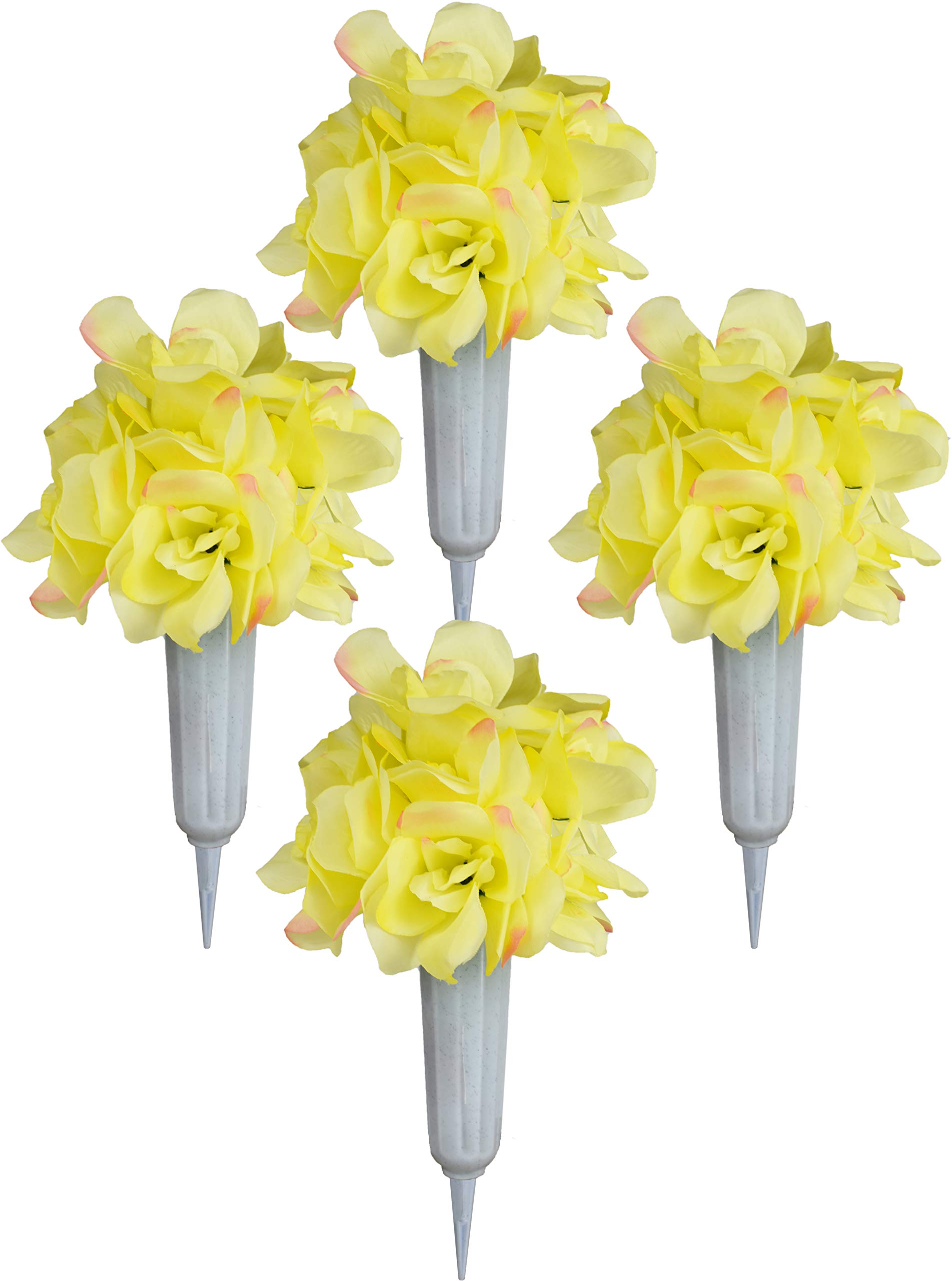 Set of 4 White Cemetery Vases with Yellow Artificial Rose Flowers - Beautiful Yellow Rose Bouquets for Graveside Memorials, Home Decor & Sympathy Gifts