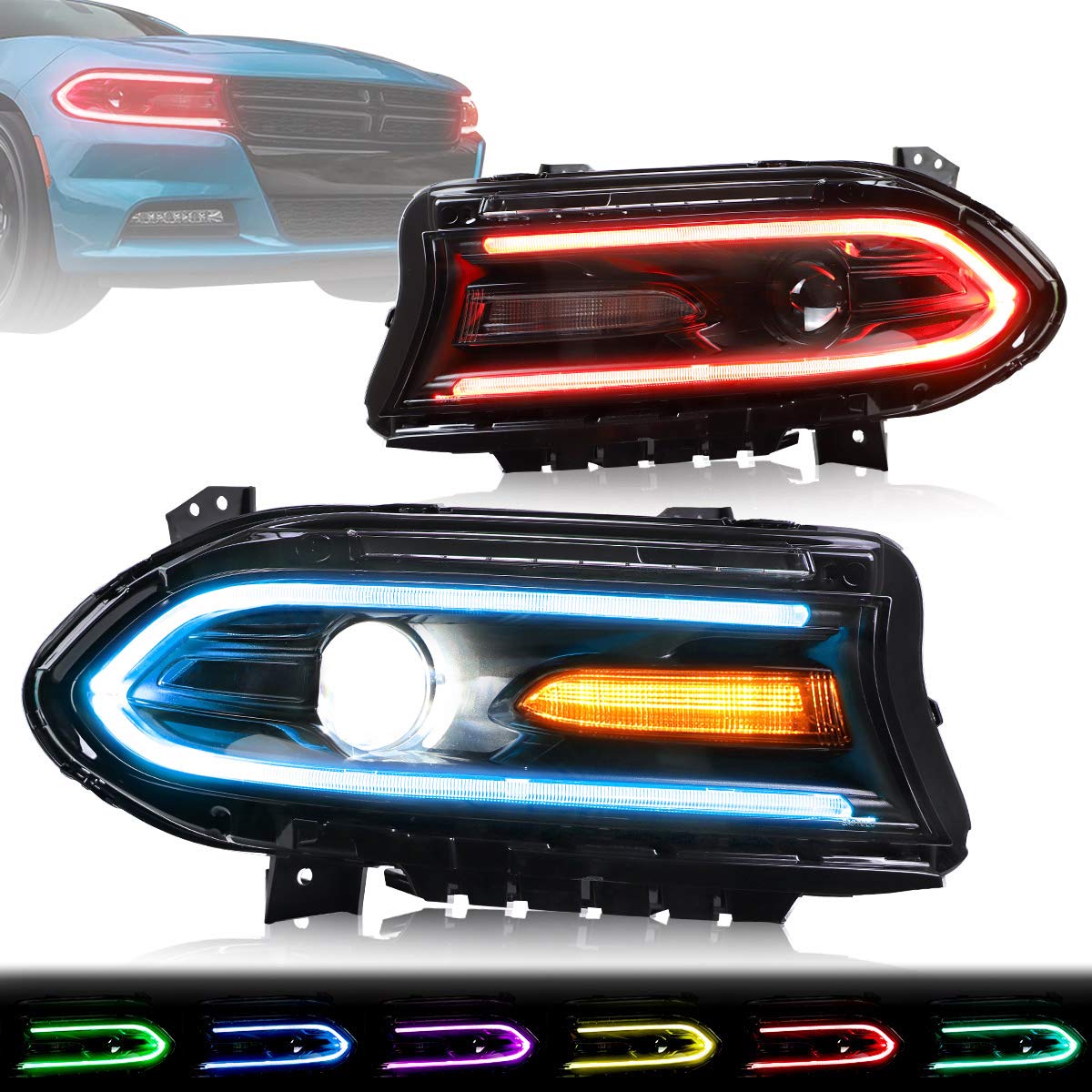VLAND Projector LED Multicolor Headlights Assembly for Dodge Charger 2015-2020 - Direct Replacement for Factory Halogen Lamps (Not Compatible with Xenon/2021 Models) - Upgrade Your Ride with Customizable RGB Lighting for Night Driving & Car Shows