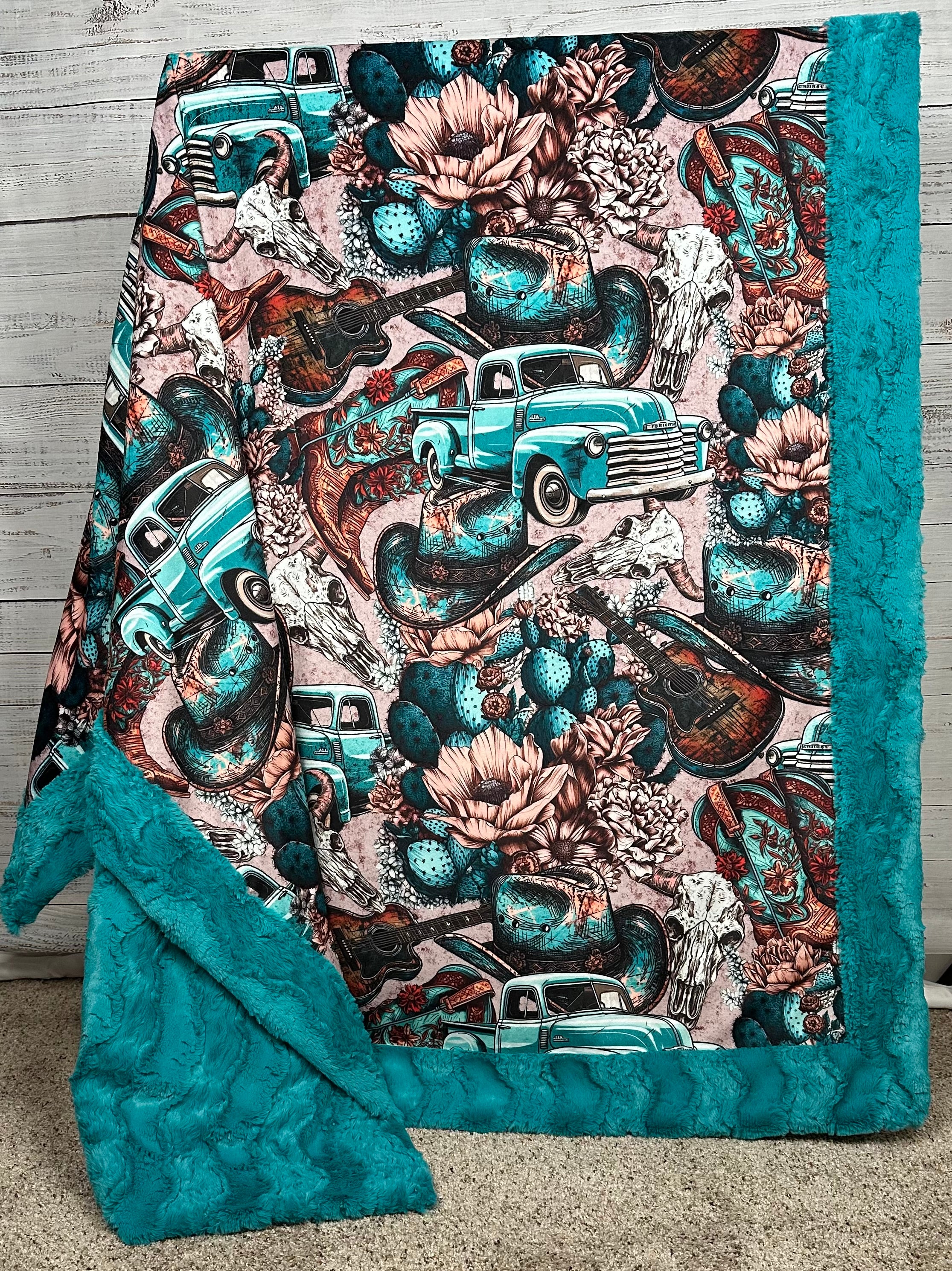 Vintage Western Glacier Teal Luxe 55x80 Large Minky Blanket - Soft Plush Throw for Couch, Bed & Home Decor - Perfect for Cozy Nights, Western Themed Rooms & Gift Giving