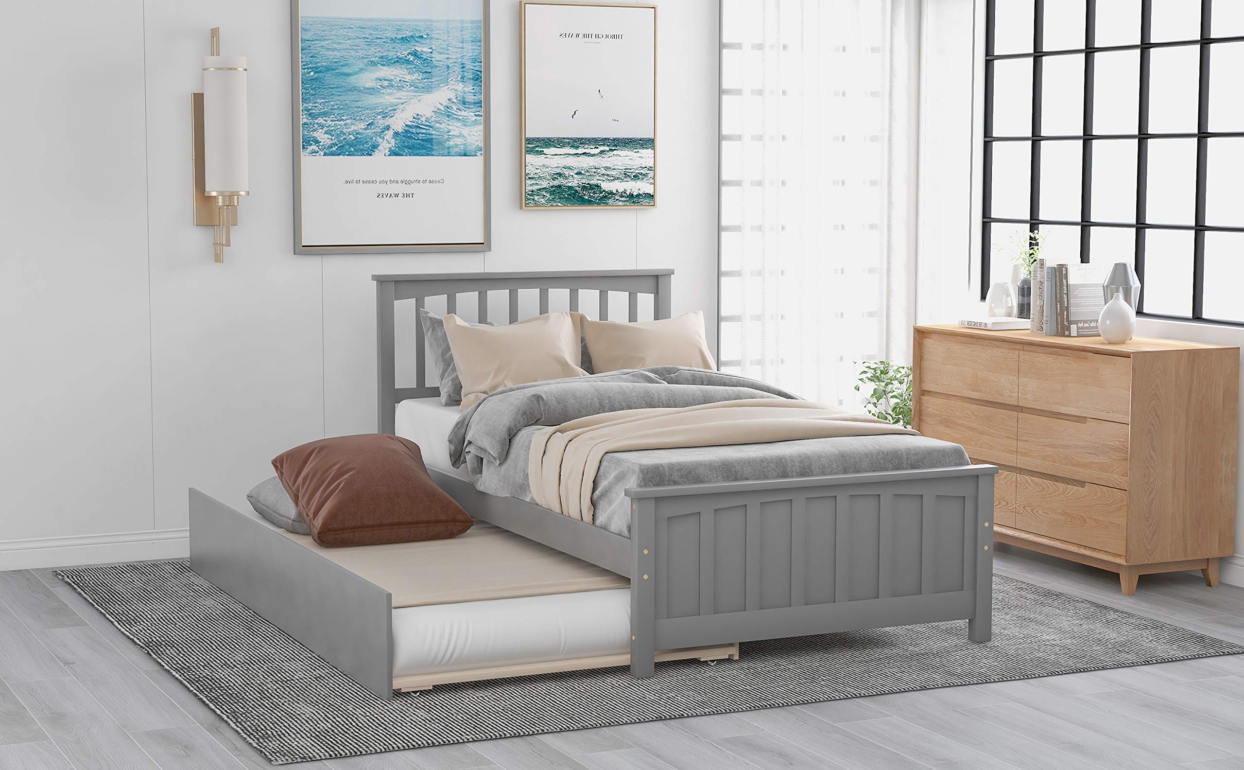 **Danxee Solid Wood Twin Size Platform Bed with Trundle - Modern Wooden Bed Frame, No Box Spring Needed, Grey - Perfect for Kids' Rooms, Guest Beds & Small Spaces**