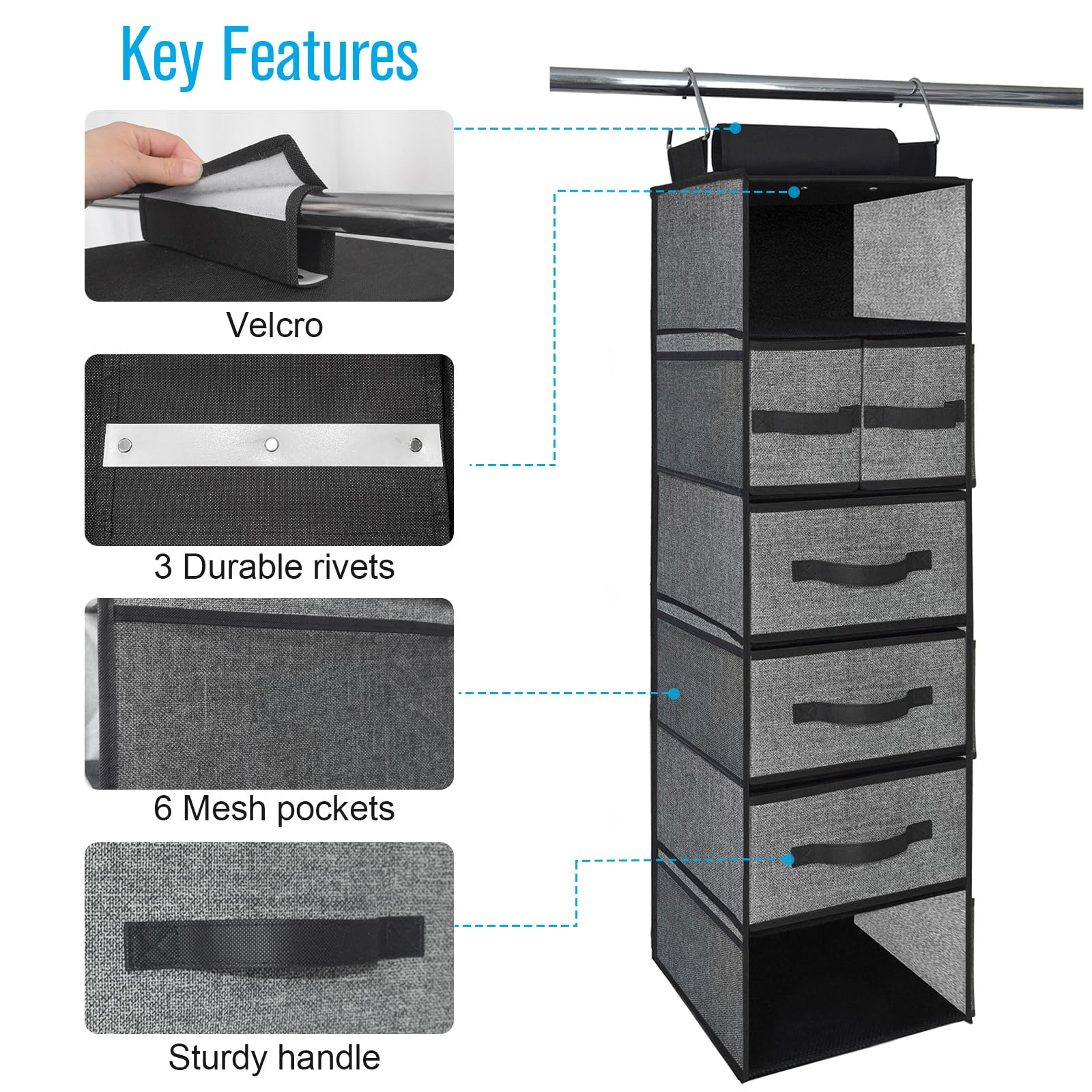 Homyfort 6-Shelf Hanging Closet Organizer with Drawers & Side Pockets - Space Saving Wardrobe Storage for Clothes, Shoes & Accessories - Perfect for Bedroom, Closet & Dorm Organization (Black)