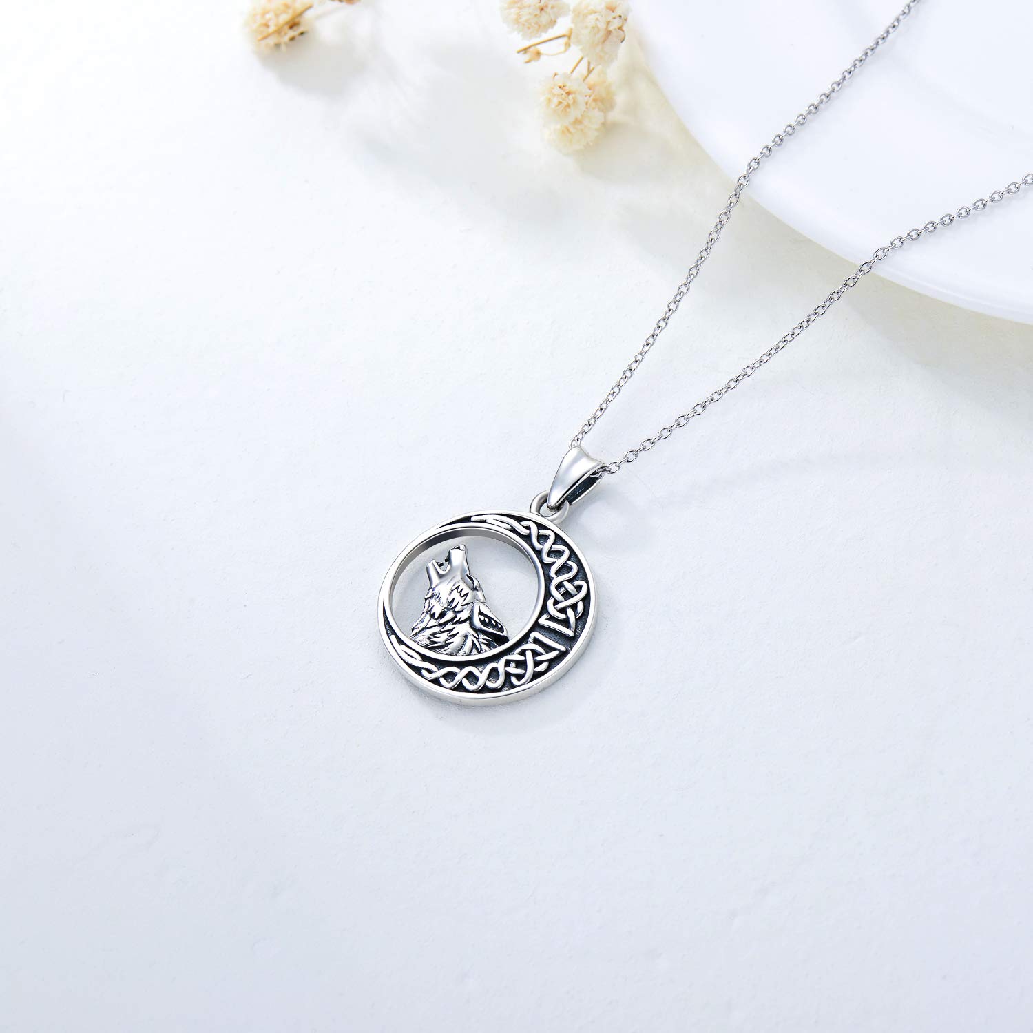 PEIMKO 925 Sterling Silver Celtic Moon Wolf Pendant Necklace for Women & Men - Wolf Locket Necklace Birthday Gift for Girls, Wolf Jewelry for Nature Lovers & Spiritual Seekers - Perfect for Everyday Wear, Special Occasions & Gift Giving