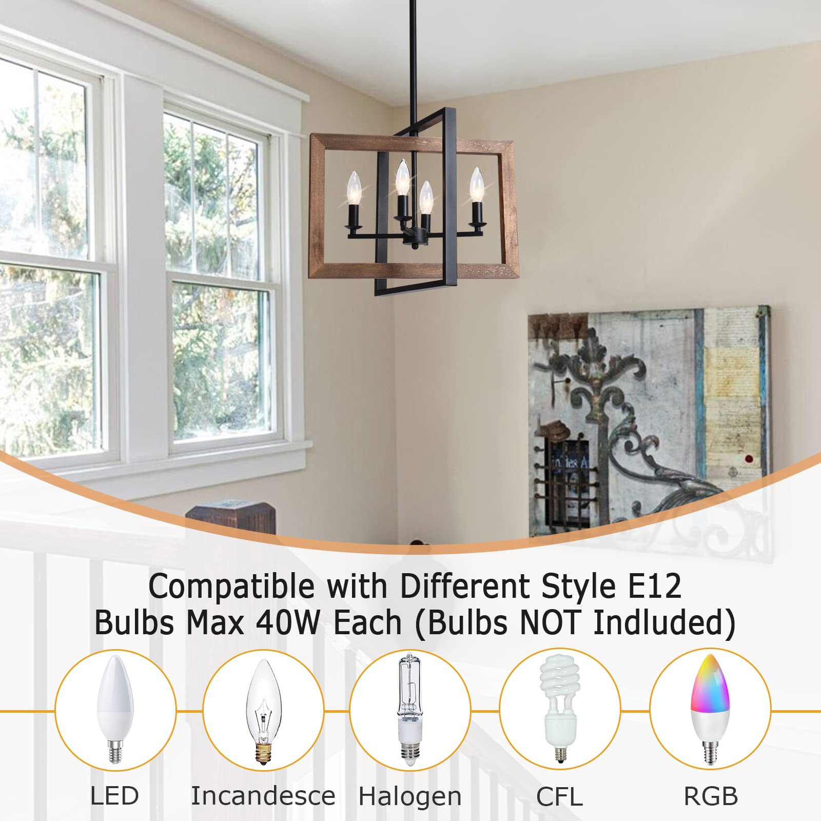Farmhouse Chandelier - Rustic Wood & Metal Kitchen Island Pendant Light - Industrial Style Dining Room & Pool Table Lighting for Home Decor