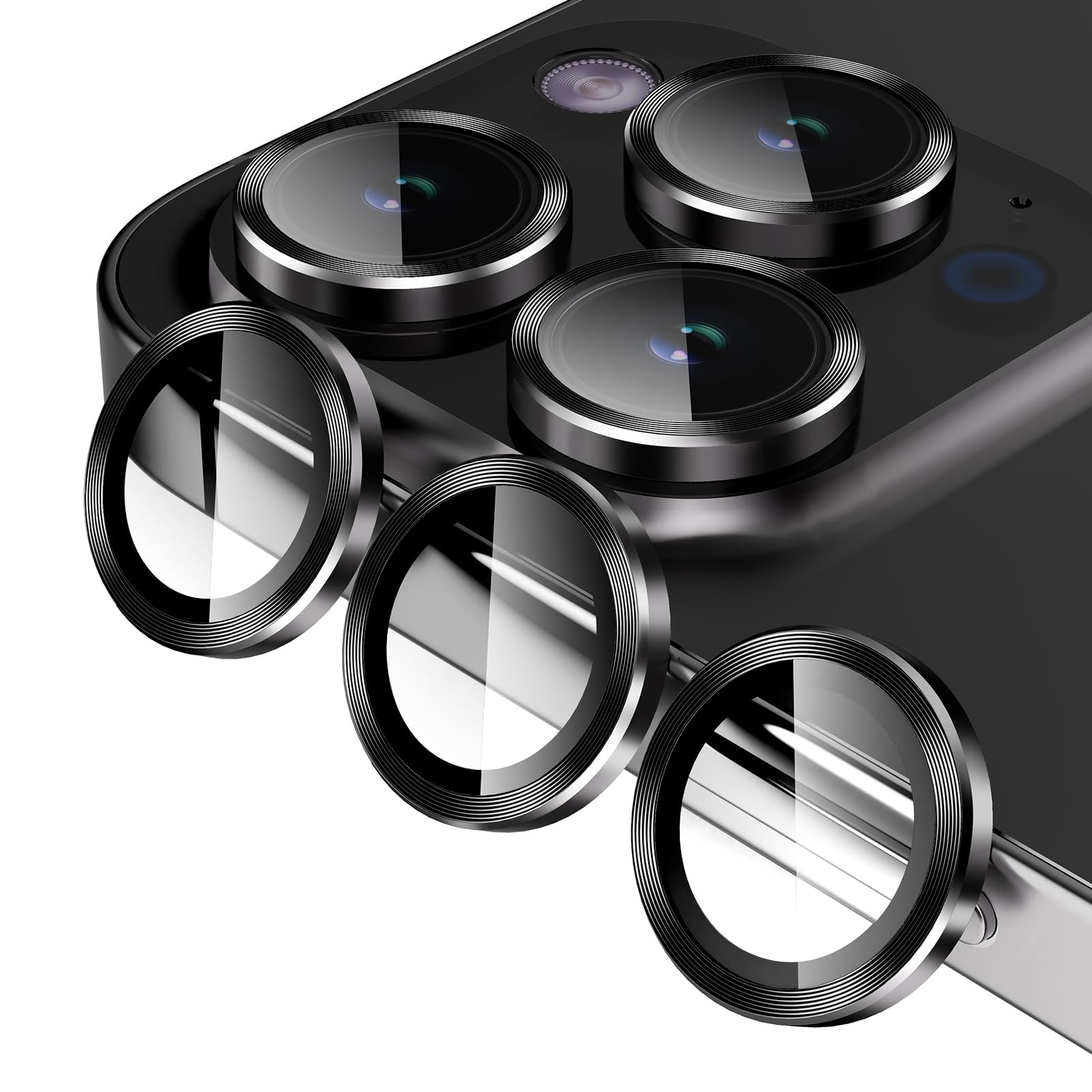 Jeluse 3X2 Pack 9H Tempered Glass Camera Lens Protector for iPhone 16 Pro Max/16 Pro/14 Pro Max/14 Pro - Metal Alignment Kit & Individual Rings | Scratch-Resistant Protection for Outdoor Photography & Travel