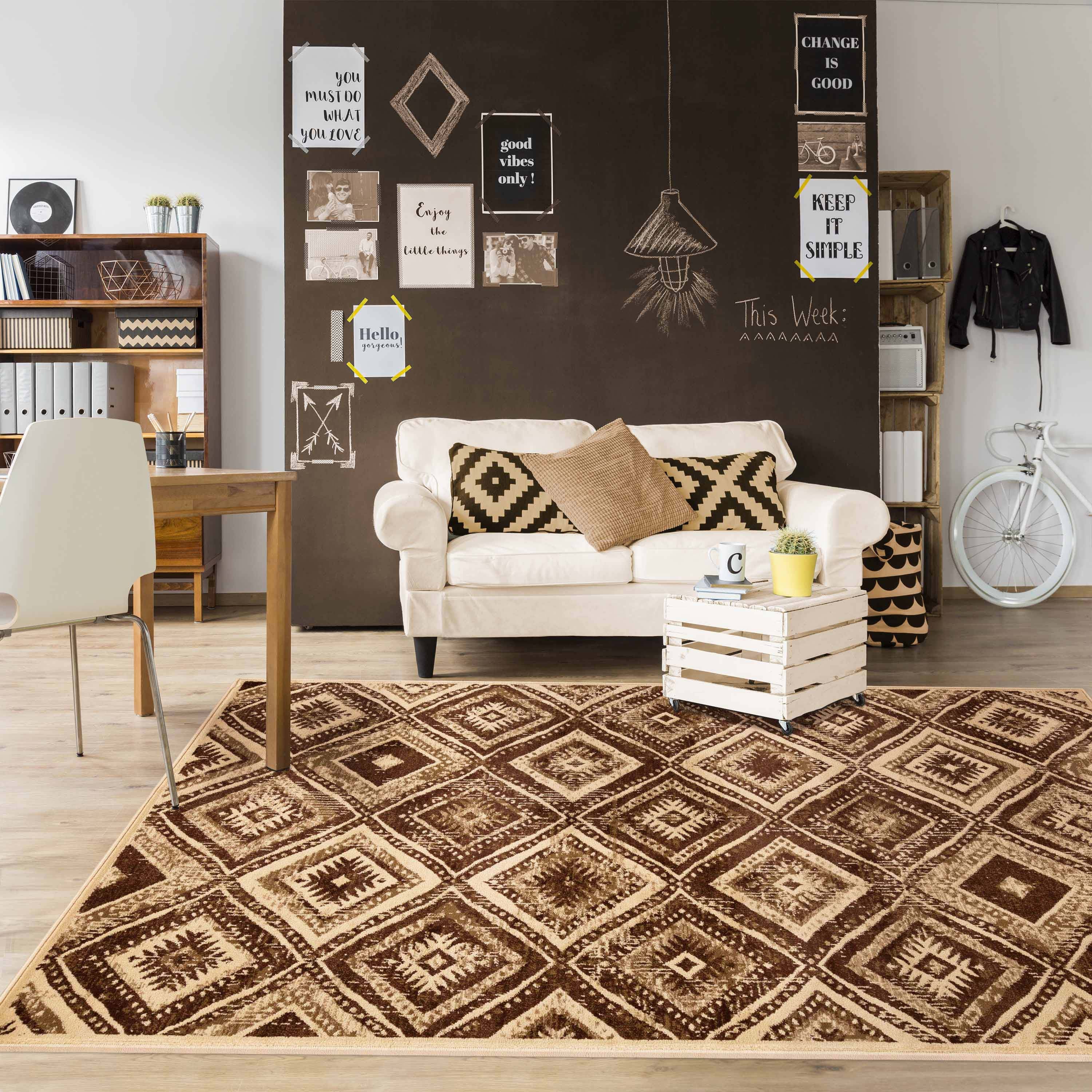 Southwestern Farmhouse Diamond Pattern Indoor Area Rug - Non-Slip Runner for Living Room, Bedroom, Hallway & Entryway Decor