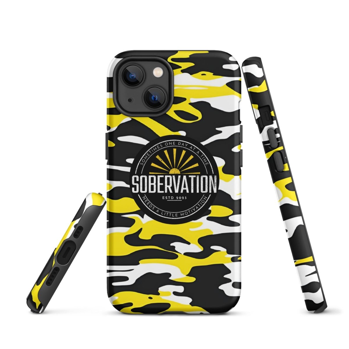 Sobervation Yellow Camo iPhone Case - Durable Shockproof Protective Cover for iPhone 14/13/12/11 Pro Max XR XS - Perfect for Outdoor Adventures, Hiking & Travel
