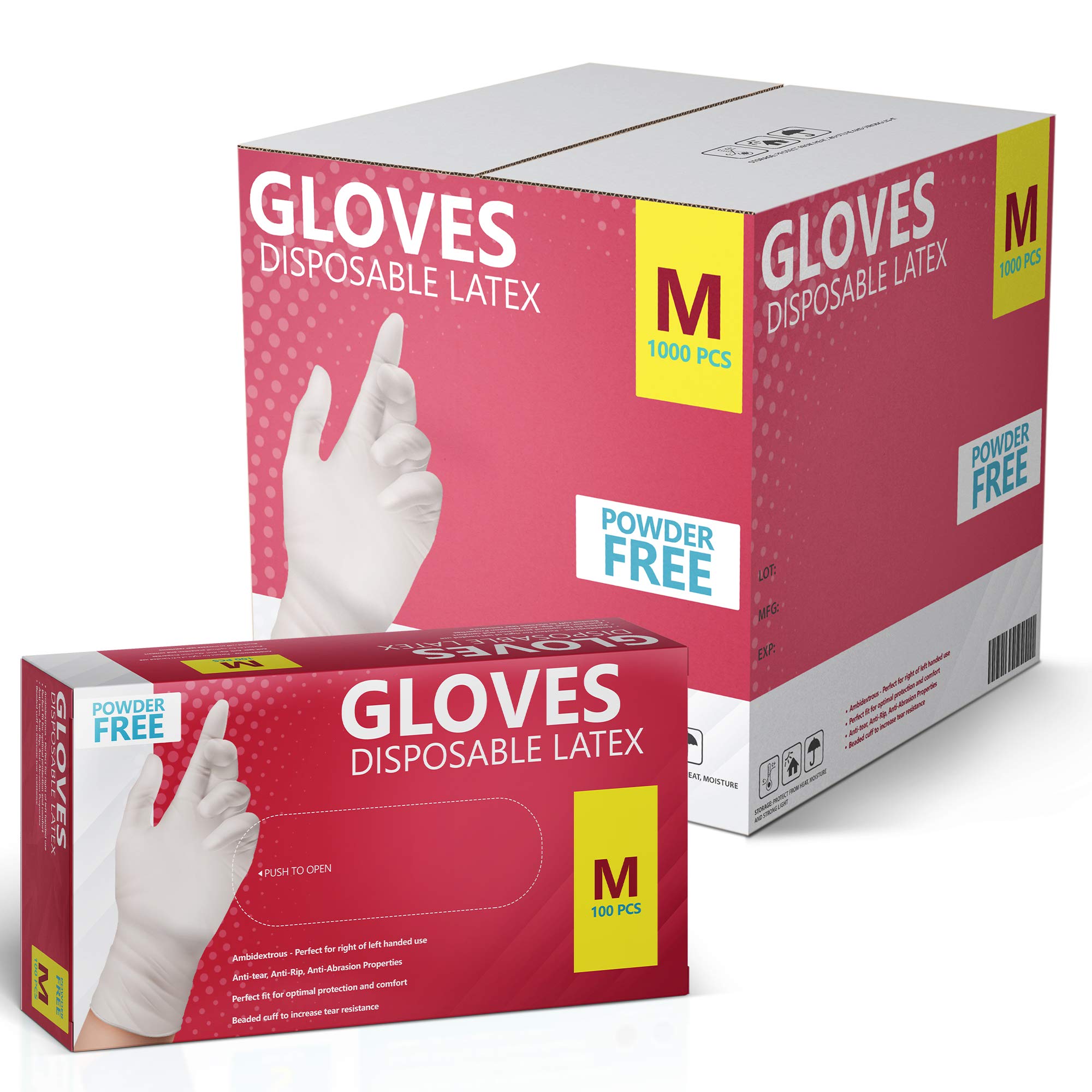 Premium Disposable Latex Gloves - Powder Free, 100 Gloves per Box (1000 Gloves per Case) - Ideal for Medical, Food Service, Cleaning & Home Use