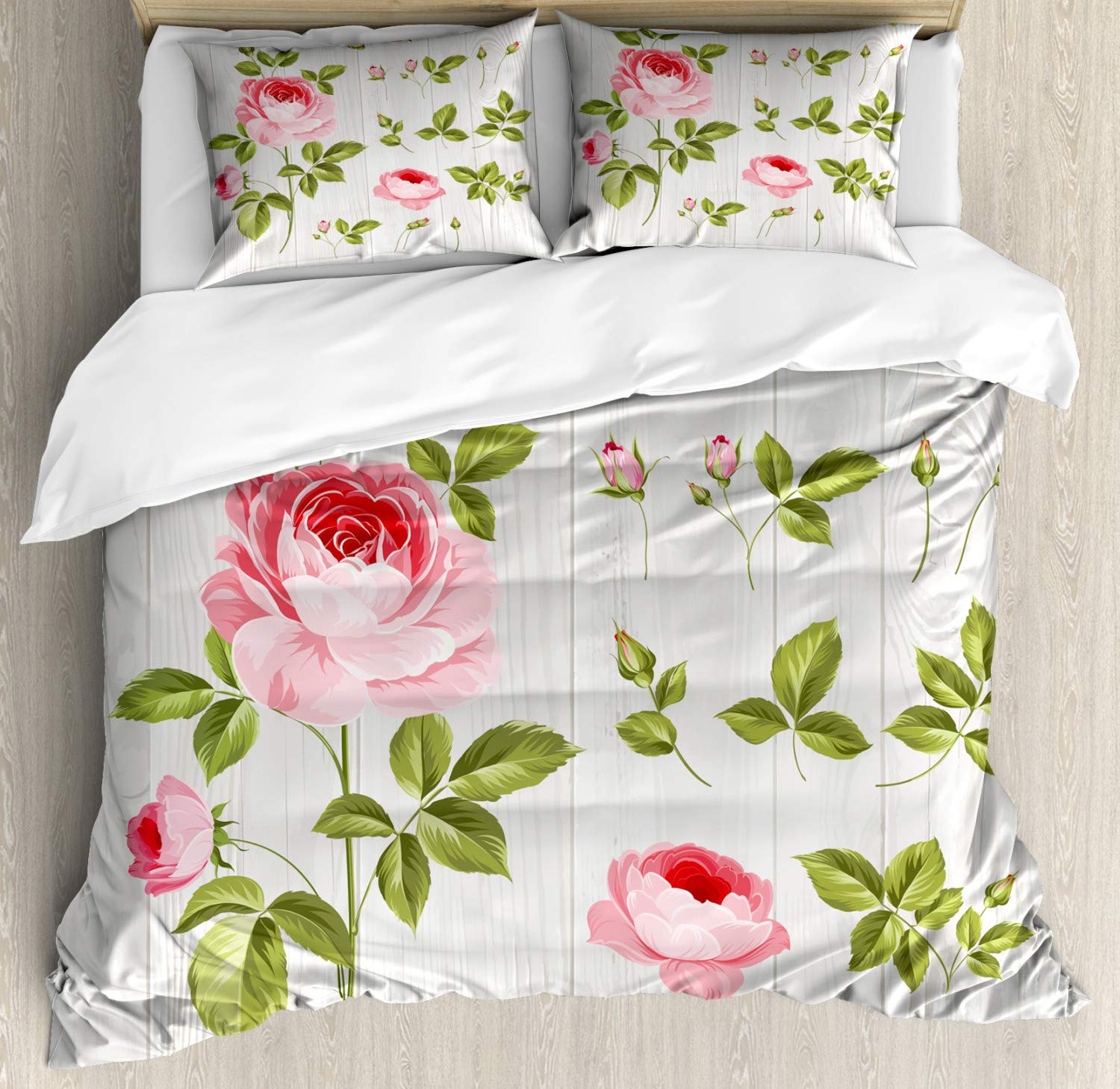 Vintage Floral Duvet Cover Set - King Size 2-Piece Bedding with Rose Petals Design & 4 Pillowcases - Romantic Wedding Home Decor for Master Bedroom - Pale Pink Khaki Bohemian Style Luxury Linens