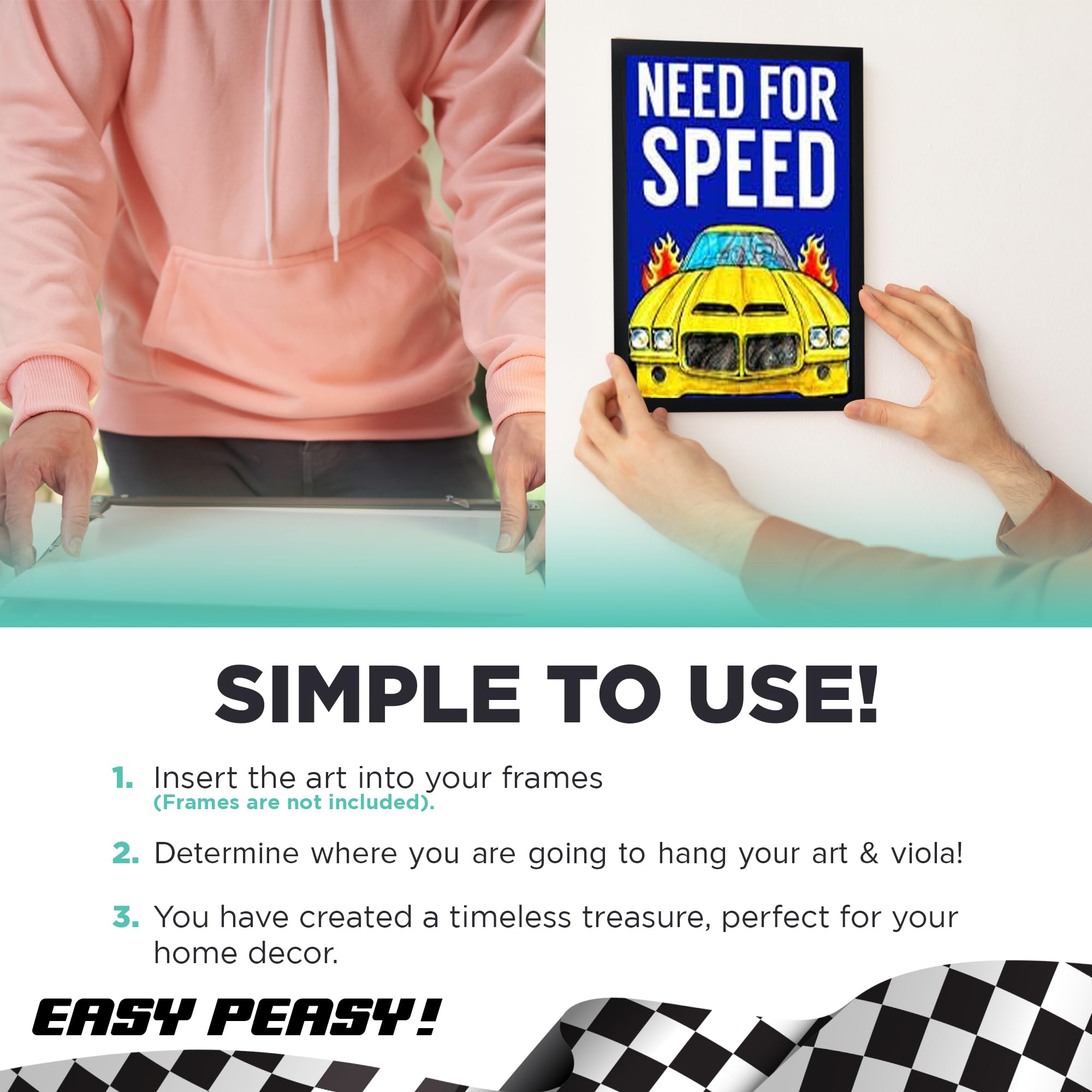 Race Car Posters for Boys Room - 5pc Vibrant Decor with Inspiring Quotes