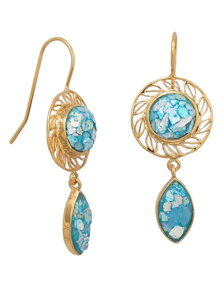 Ancient Roman Glass Earrings - Handcrafted 14k Gold Plated Sterling Silver Jewelry for Women | Vintage Style Dangle Earrings for Parties, Weddings & Special Occasions