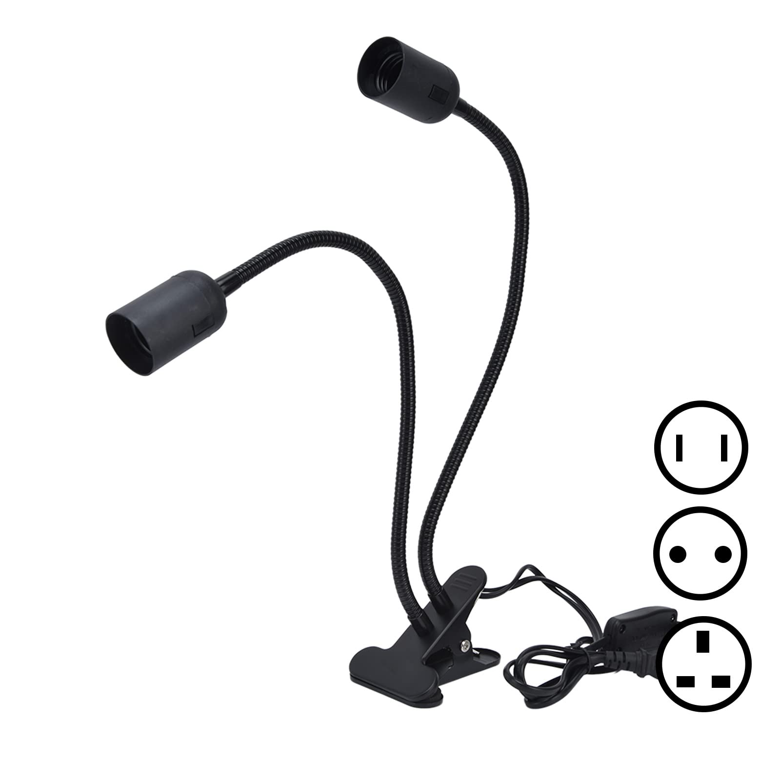 Double Headed LED Desk Lamp Holder with 360° Flexible Rotation - E27/E26 Bulb Adapter, Black - 100-240V Office Desk Clip Clamp Light for Home, Study & Workspace