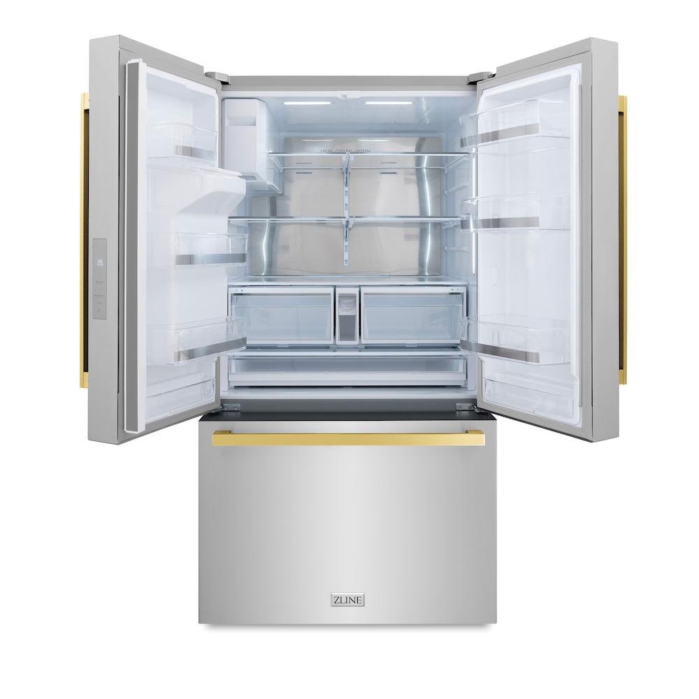 ZLINE Autograph Edition 36 Inch French Door Refrigerator with External Water Dispenser - 28.9 cu. ft. Capacity, Dual Ice Maker, Fingerprint Resistant Stainless Steel & Polished Gold Handles (RSMZ W 36 FG) - Perfect for Modern Kitchens, Entertaining & Large Family Homes