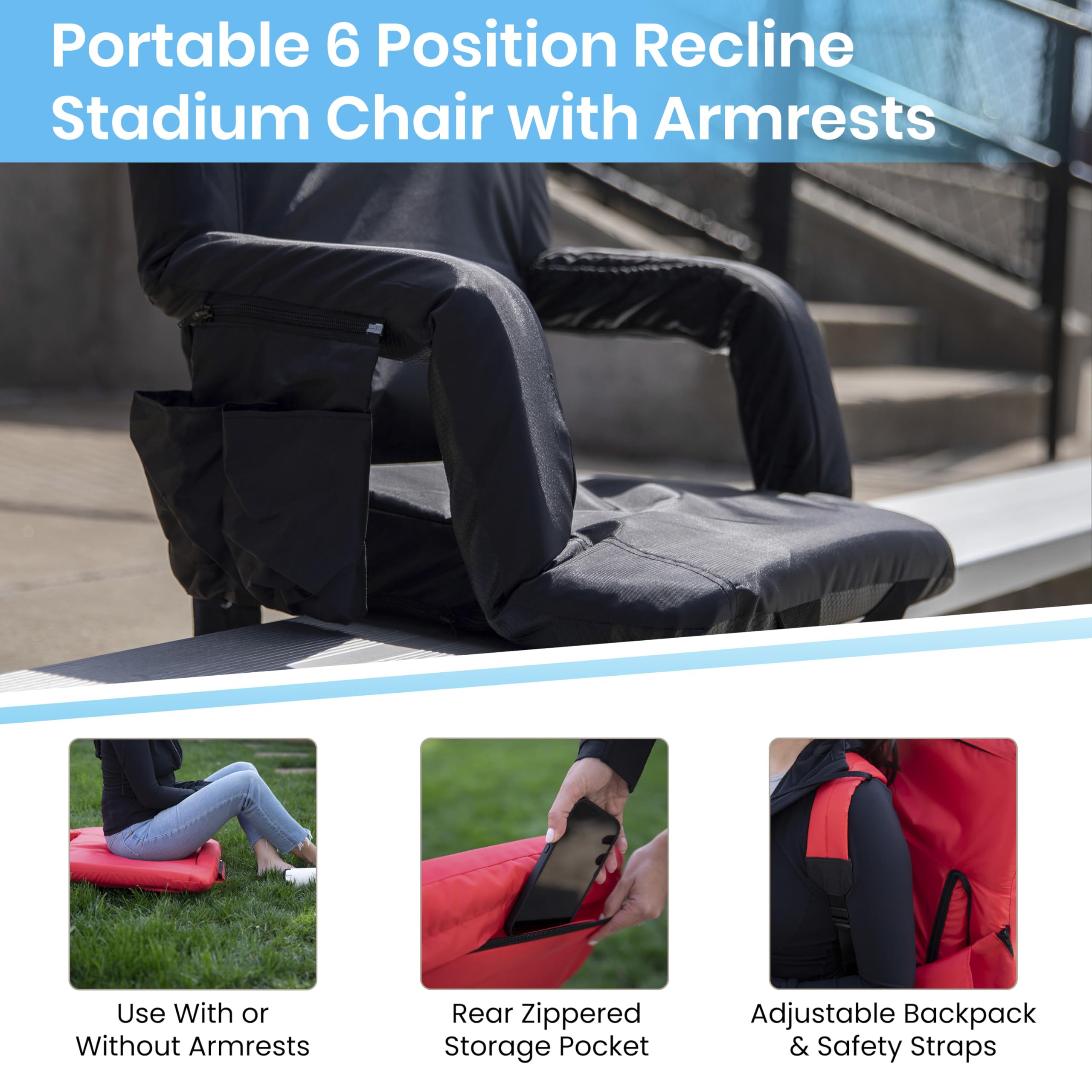 Portable Lightweight Reclining Stadium Chair with Padded Armrests, Back & Seat - Foldable Camping Chair with Storage Pockets & Backpack Straps - Perfect for Outdoor Sports, Concerts, Picnics (Set of 2, Black)