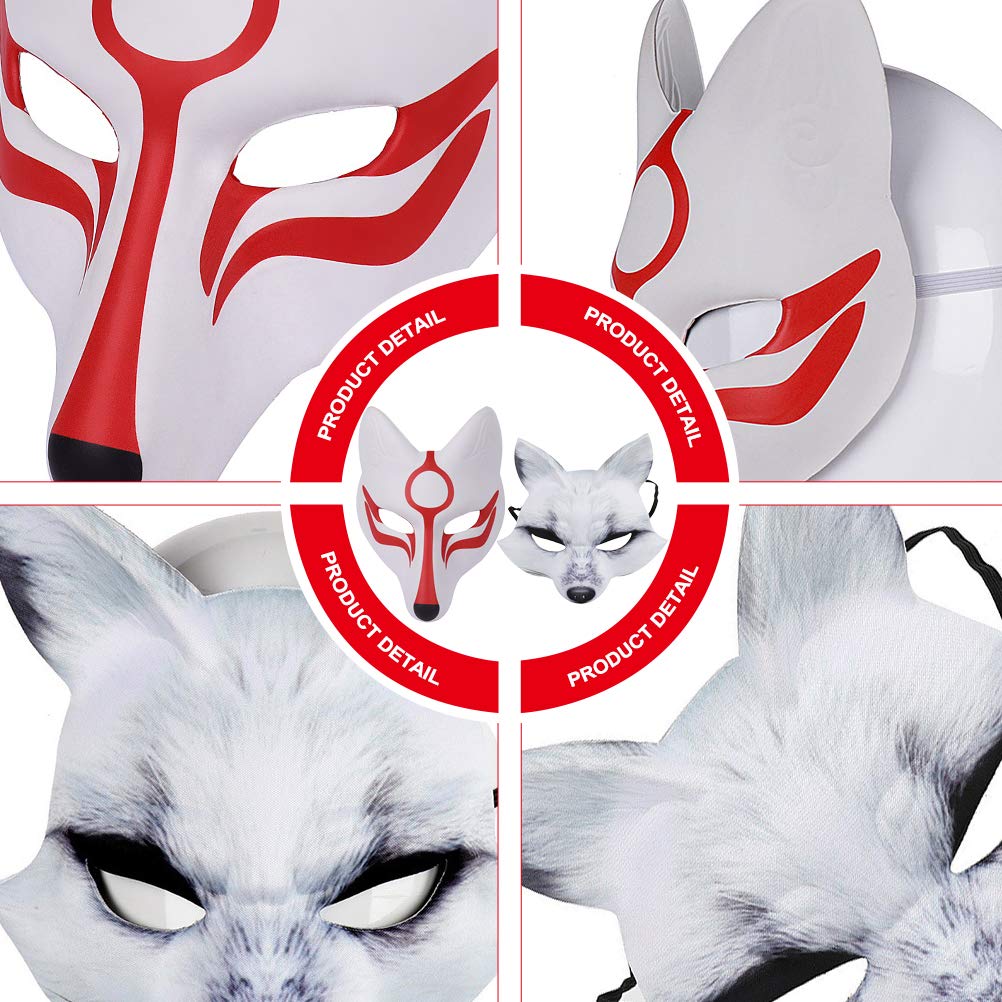 2PCS Halloween Fox Mask - White & Red Animal Cosplay Mask for Dance Party, Masquerade, Prom, Japan Festival | Perfect for Halloween Costume, Cosplay Events & Themed Parties