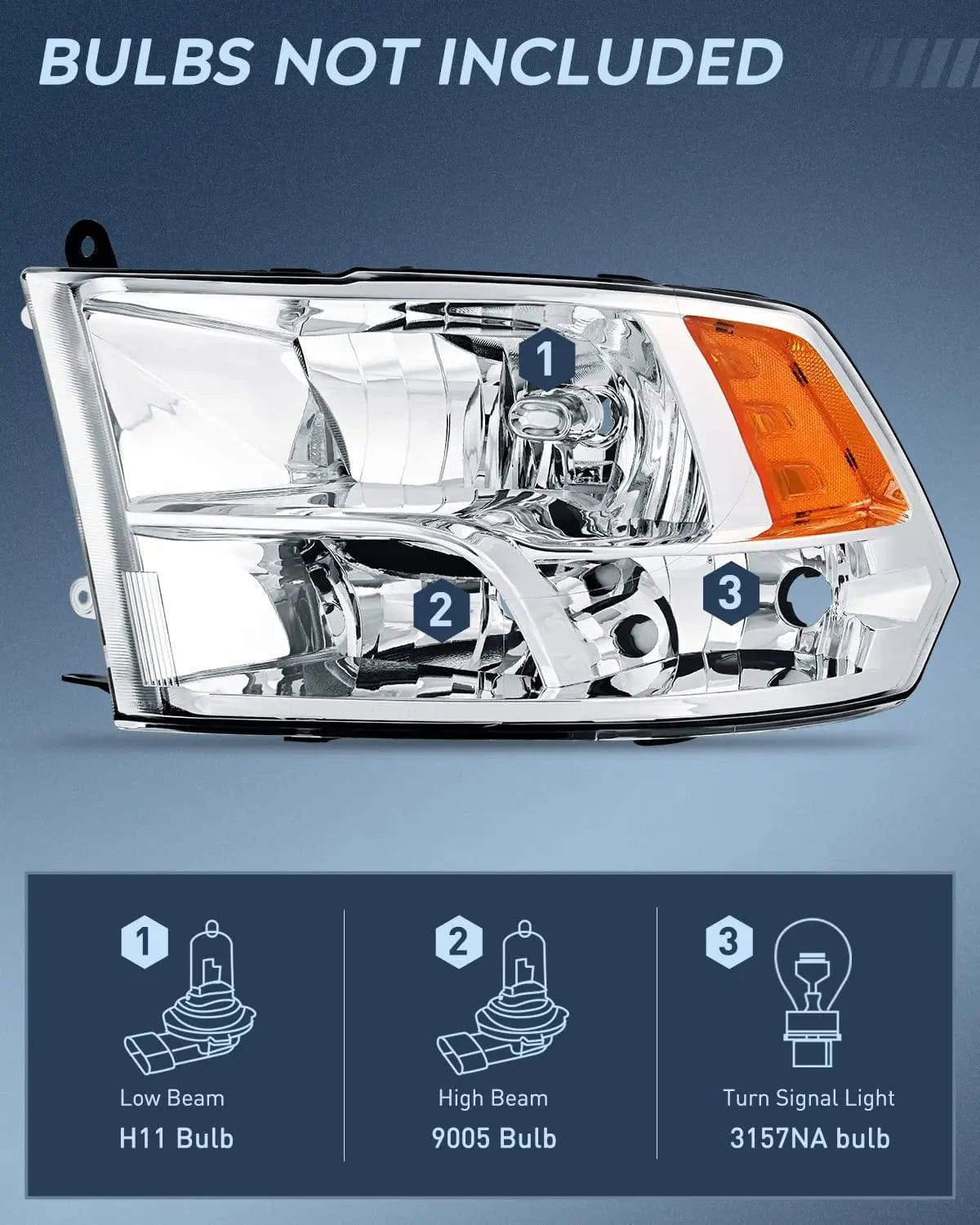 Dodge Ram 1500 2500 3500 Headlight Assembly (2009-2018) - Chrome Case with Amber Reflector - Replacement for Foggy/Broken Lights - Perfect for Night Driving & Off-Road Adventures