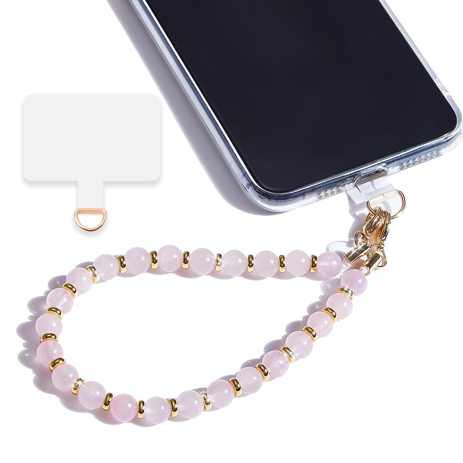 Rose Quartz Marble Beaded Phone Wrist Strap - Detachable Phone Bracelet with Tether Tab for Hands-Free Use | Perfect for iPhone, Samsung & Smartphone Accessories | Gym, Shopping & Travel Essentials