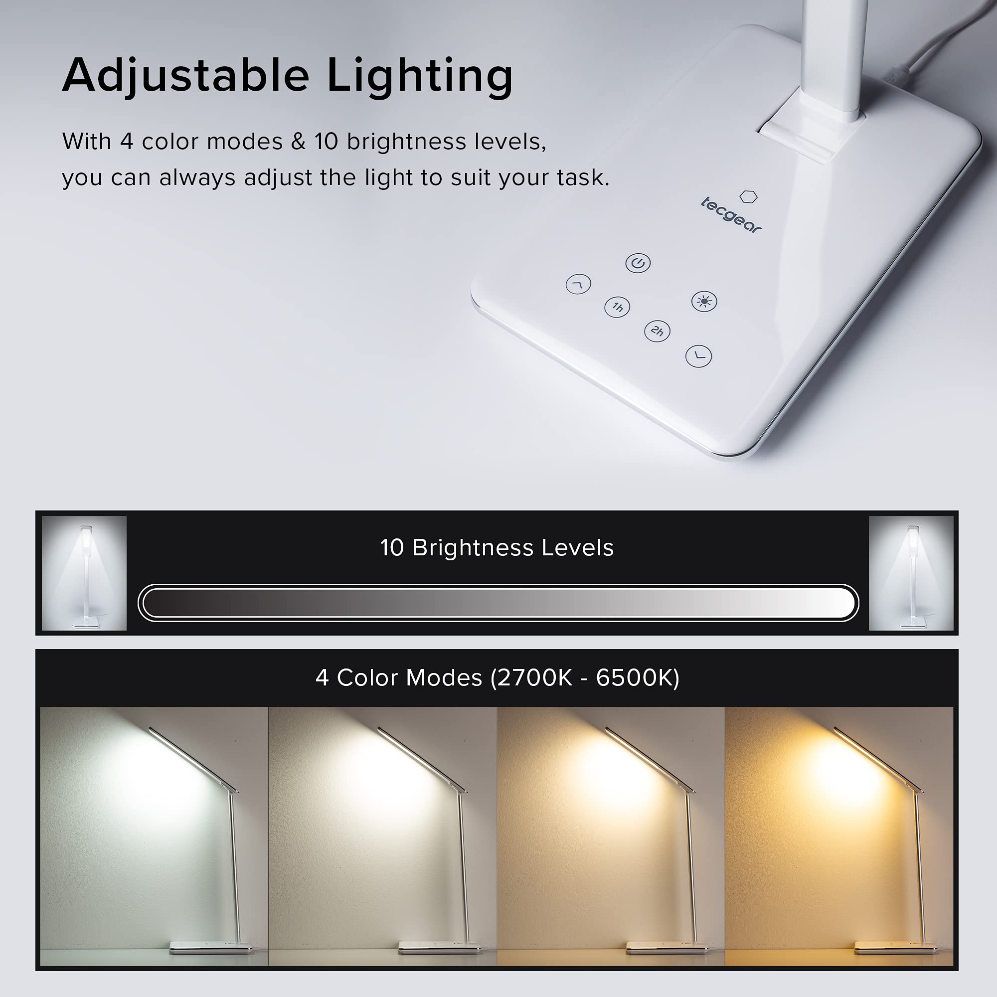 Multifunctional LED Desk Lamp with Wireless Charger & USB Port - 4 Light Modes, 6 Brightness Levels, Touch Control - Auto Timer (30/60 Min) - Eye-Caring Office Study Lamp with Adapter (White) - Perfect for Home Office, Dorm Room & Night Reading