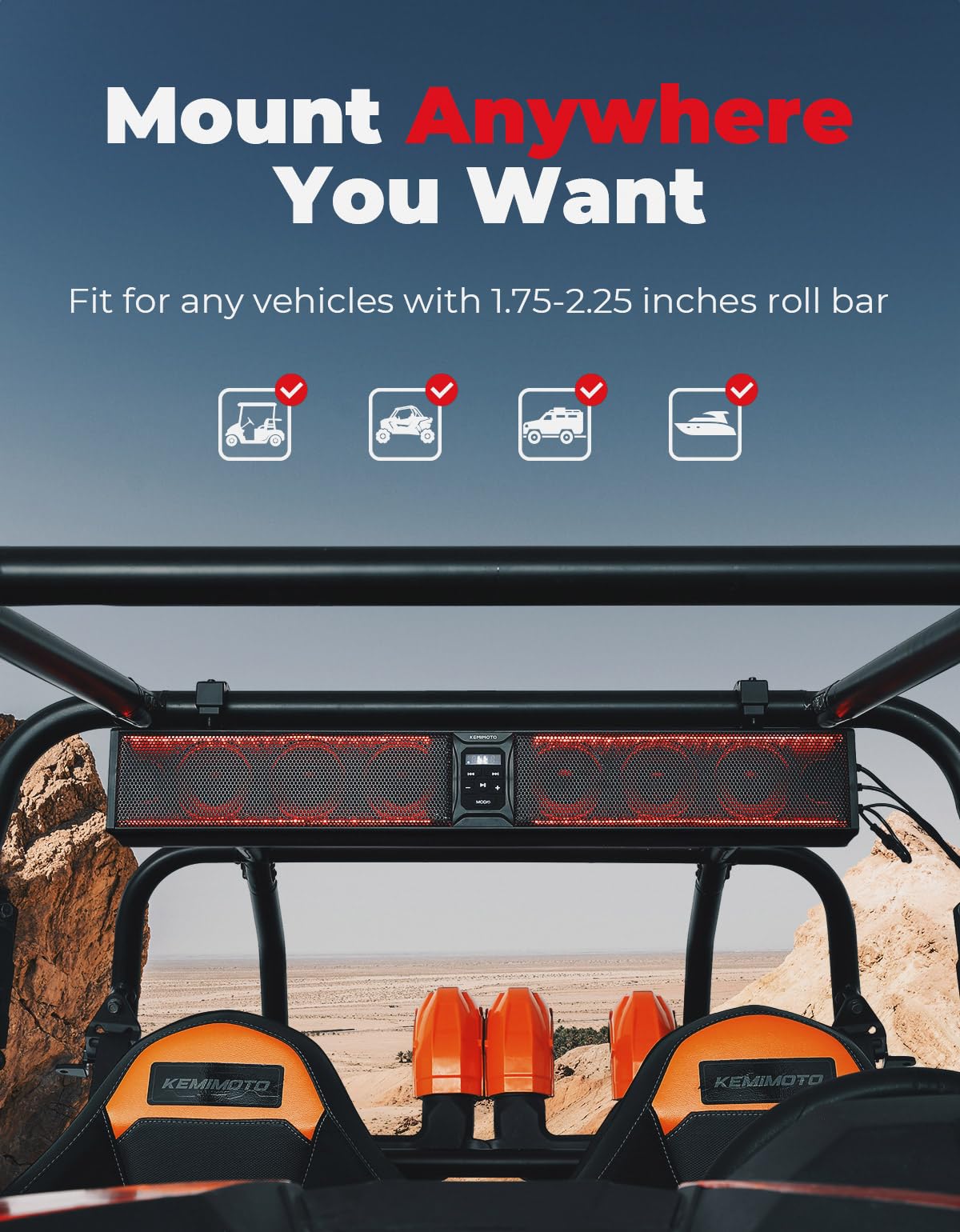 KEMIMOTO 33 Inch 8 Speaker UTV Sound Bar - Waterproof Bluetooth Sound System with Multicolor LED Lights, Heavy-Duty Aluminum Housing for SXS, Golf Cart, Marine Boat - Fits 1.75''-2.25'' Roll Bars | Perfect for Off-Road Adventures, Beach Parties & Outdoor Entertainment