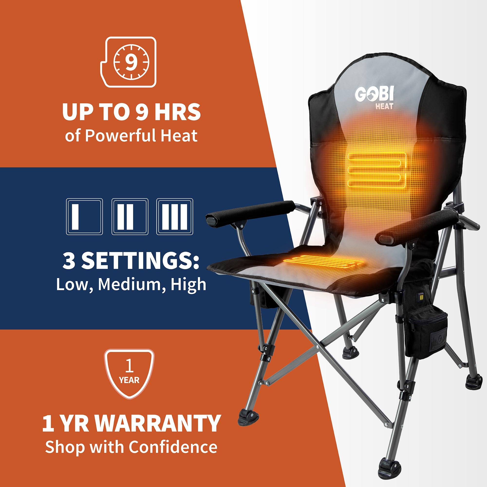 Gobi Heat - Portable Heated Camping Chair with 3 Adjustable Settings - Outdoor Folding Chair for Winter Camping, Hunting, and Backpacking - Essential Gear for Cold Weather Adventures (Slate)