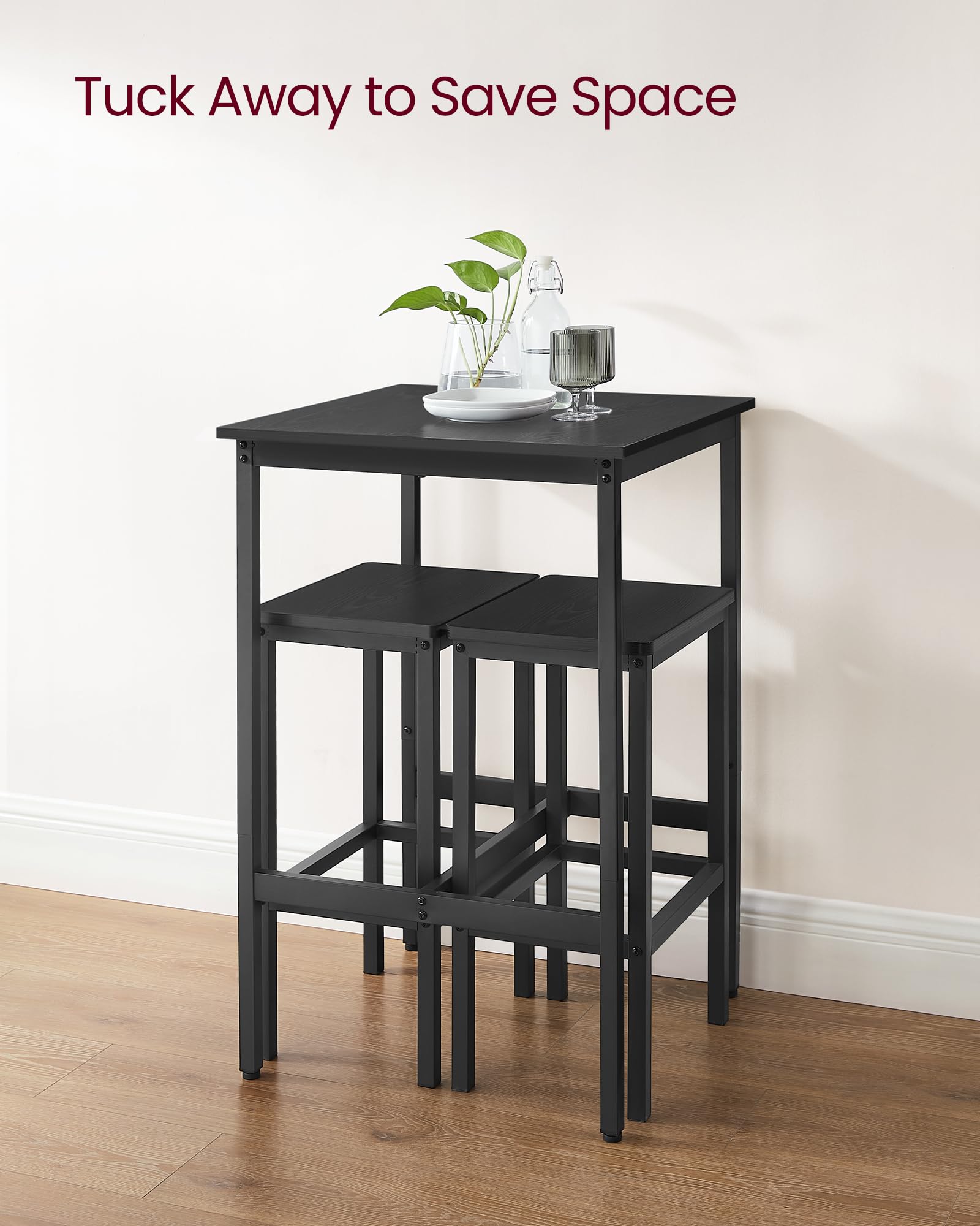 VASAGLE 2-Piece Bar Table and Stools Set, Square Pub Height Dining Table with 2 Stools - Space Saving Kitchen Breakfast Nook, Living Room, Party Room Furniture - Ebony Black & Ink Black - Perfect for Small Apartments, Studio Homes and Entertaining Guests