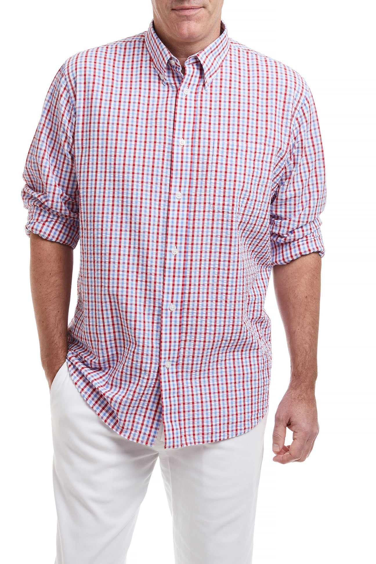 Red White & Blue Seersucker Check Chase Shirt - Classic Patriotic Style for Summer Outings & Casual Wear