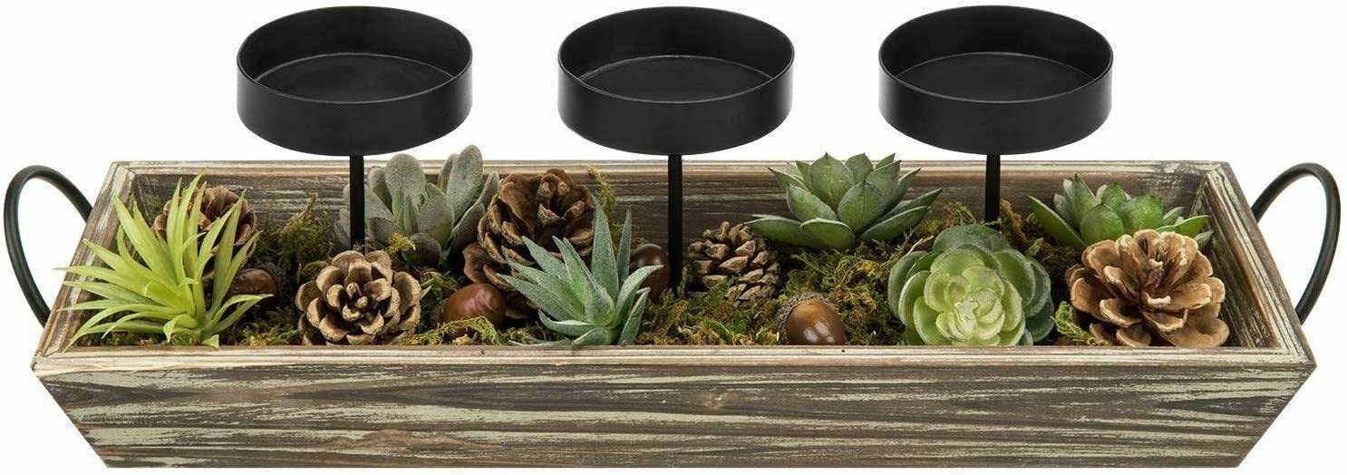 CompreDH 3-Piece Rustic Metal Candle Holders Set with Torched Wood Tray & Faux Pine Cones - Farmhouse Table Centerpiece Decor for Halloween, Thanksgiving, Christmas - Perfect for Dining Room, Mantel, and Wedding Decorations