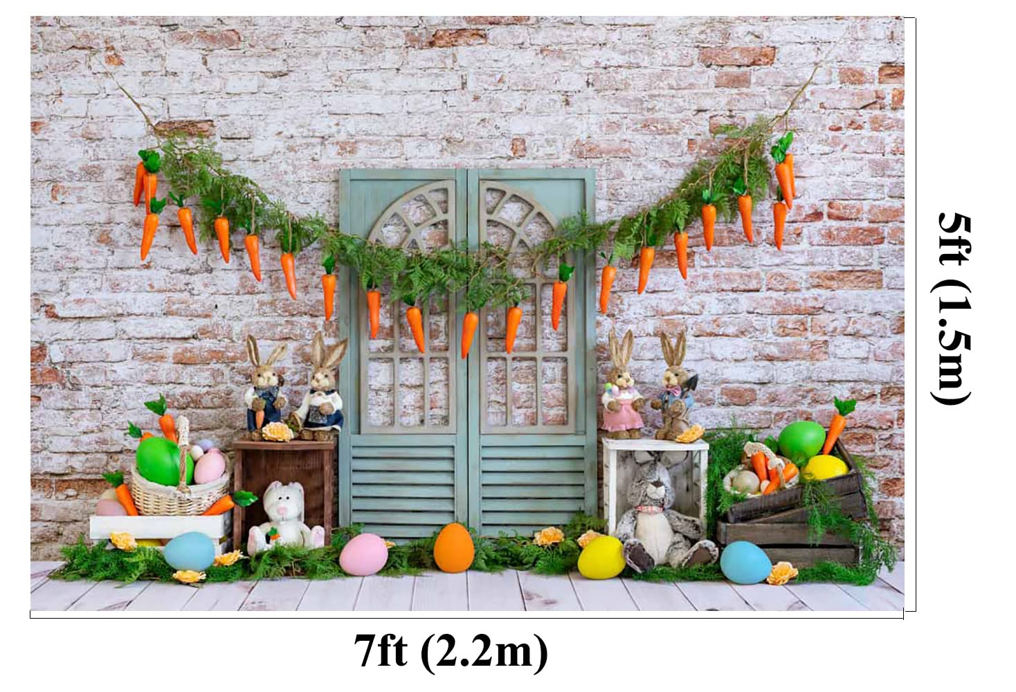 7x5ft Easter Rabbit Carrot Photography Backdrop - Colorful Eggs & Rustic Wood Plank Background for Holiday Party, Portrait Shoots (Ideal for Easter Celebrations, Kids Photos, Spring Events)