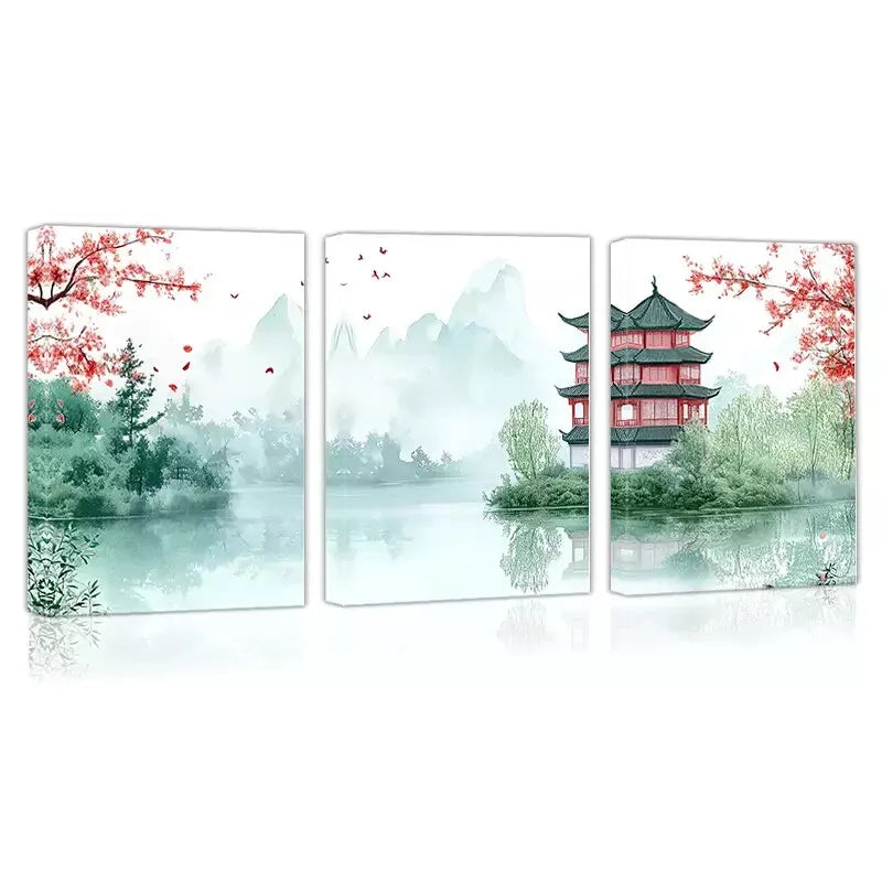 3-Piece Traditional Chinese Pagoda Landscape Art Set - Framed Canvas Wall Decor 50x70cm - High Quality Print - Ready to Hang - Perfect for Living Room, Bedroom & Office Decor
