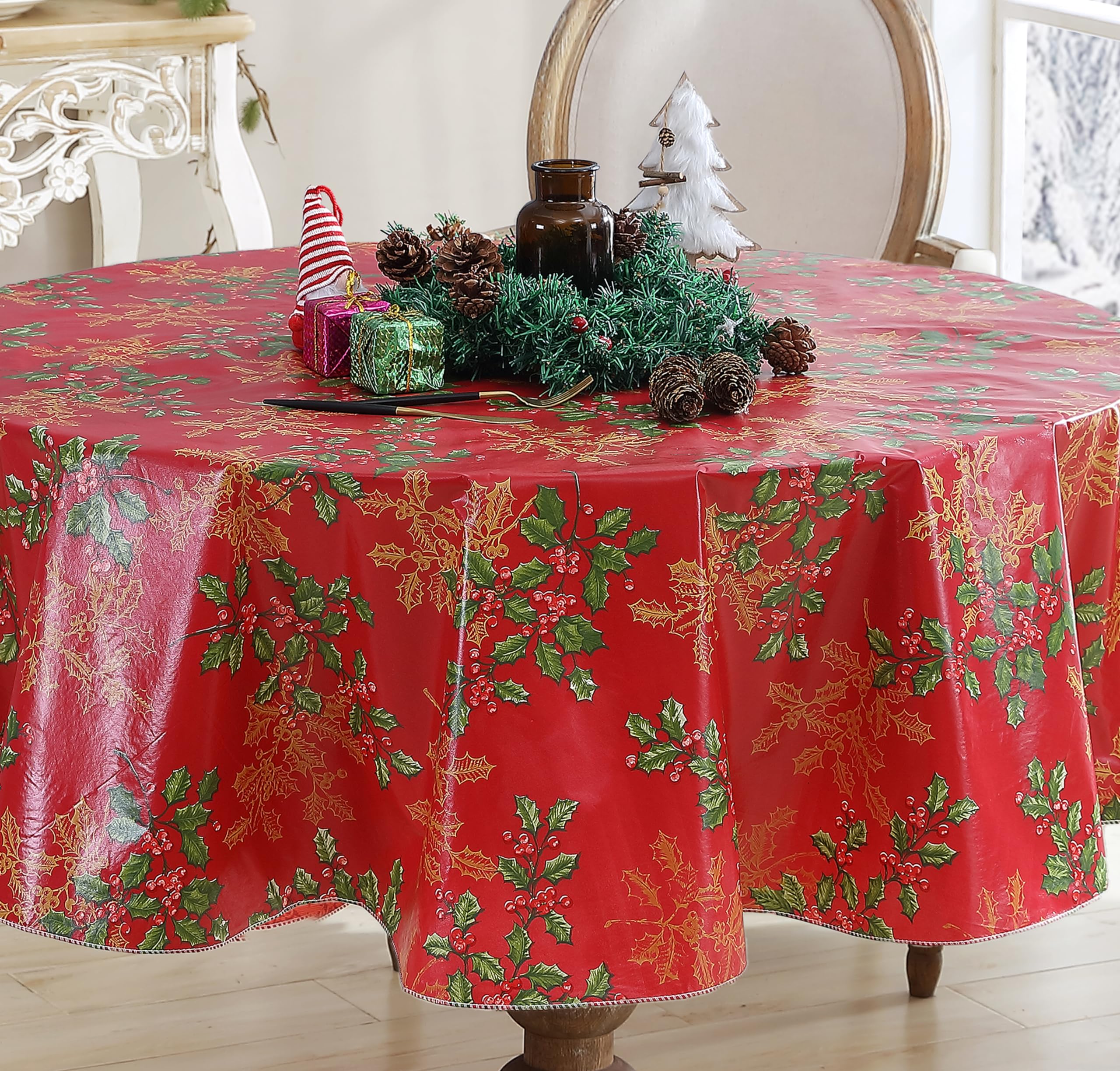 Newbridge Red Golden Holly & Berry Christmas Vinyl Tablecloth - Flannel Backed Holiday Table Cover with Wipe-Clean Easy Care Fabric, 70